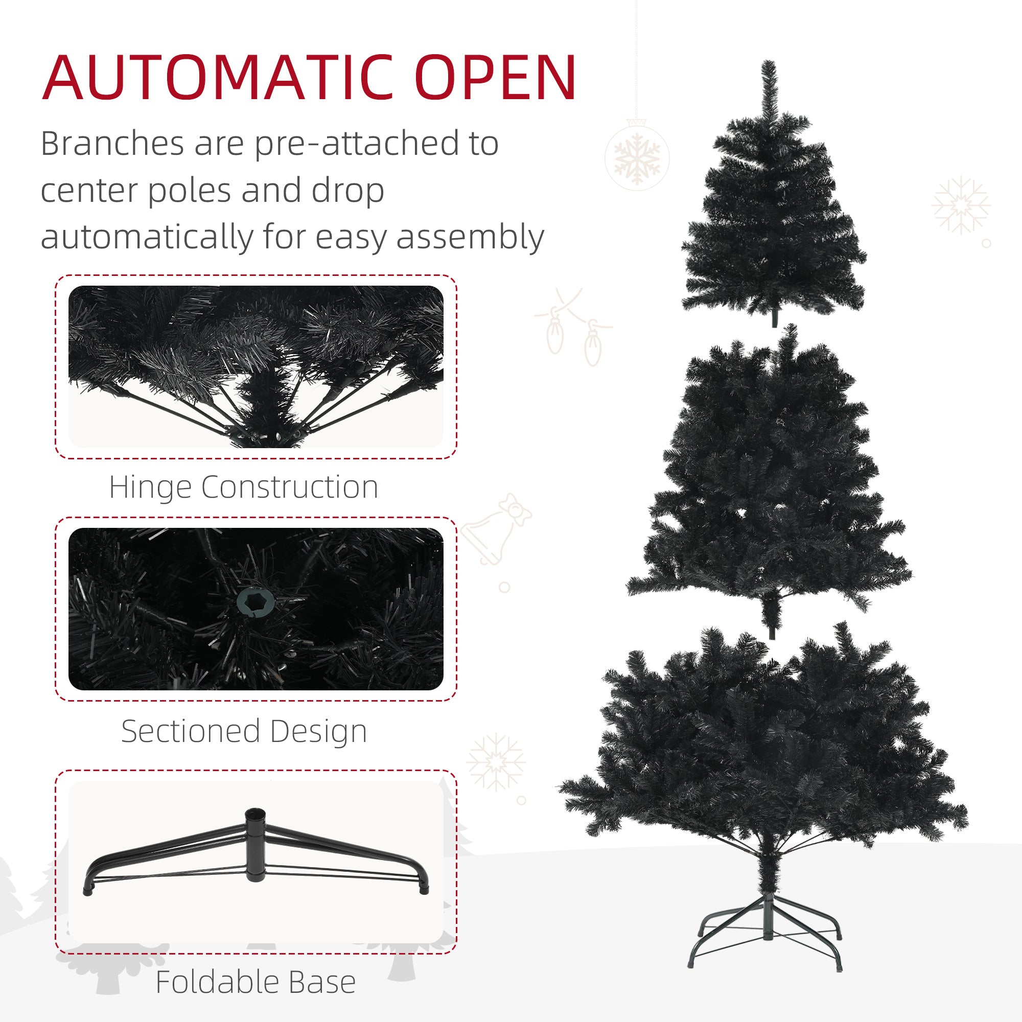 HOMCOM 6ft Unlit Artificial Christmas Tree, Xmas Tree with 1000 Branch Tips, Auto Open and Steel Base, Holiday Decoration for Home Office, Black