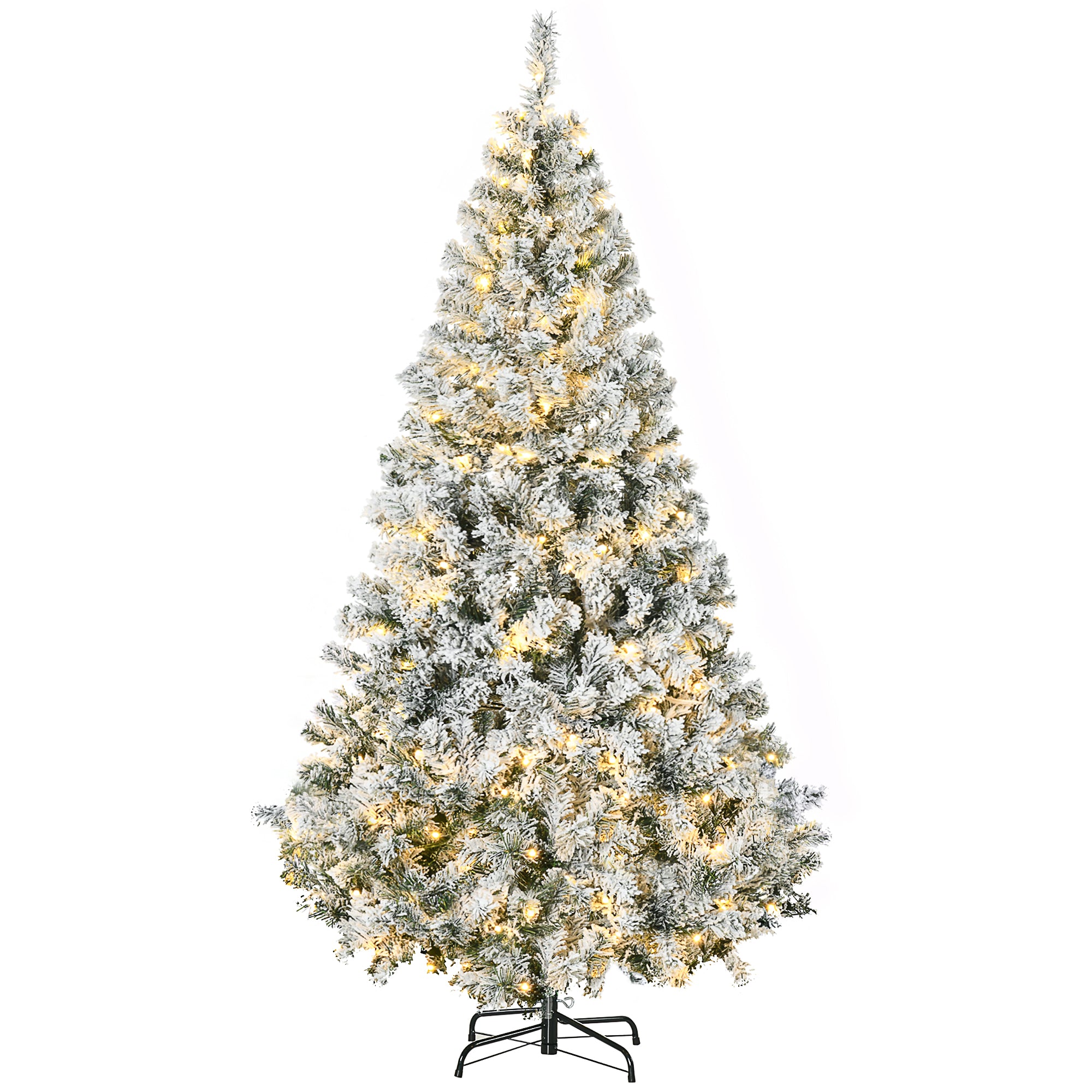 6ft Tall Prelit Artificial Christmas Tree Holiday Décor with 638 Snow Flocked Branches, 220 Warm White LED Lights, Auto Open, Green