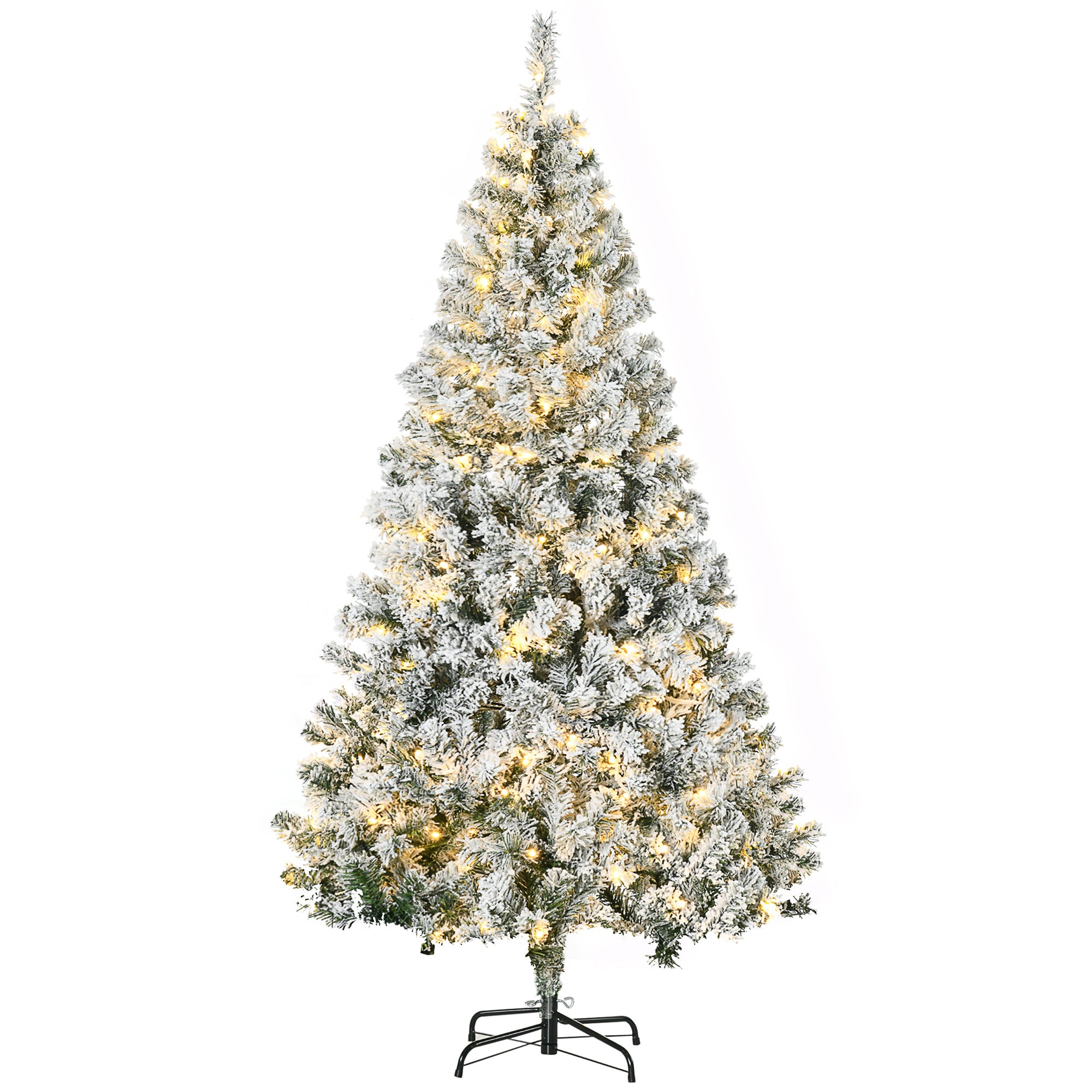 6ft Tall Prelit Artificial Christmas Tree Holiday Décor with 638 Snow Flocked Branches, 220 Warm White LED Lights, Auto Open, Green