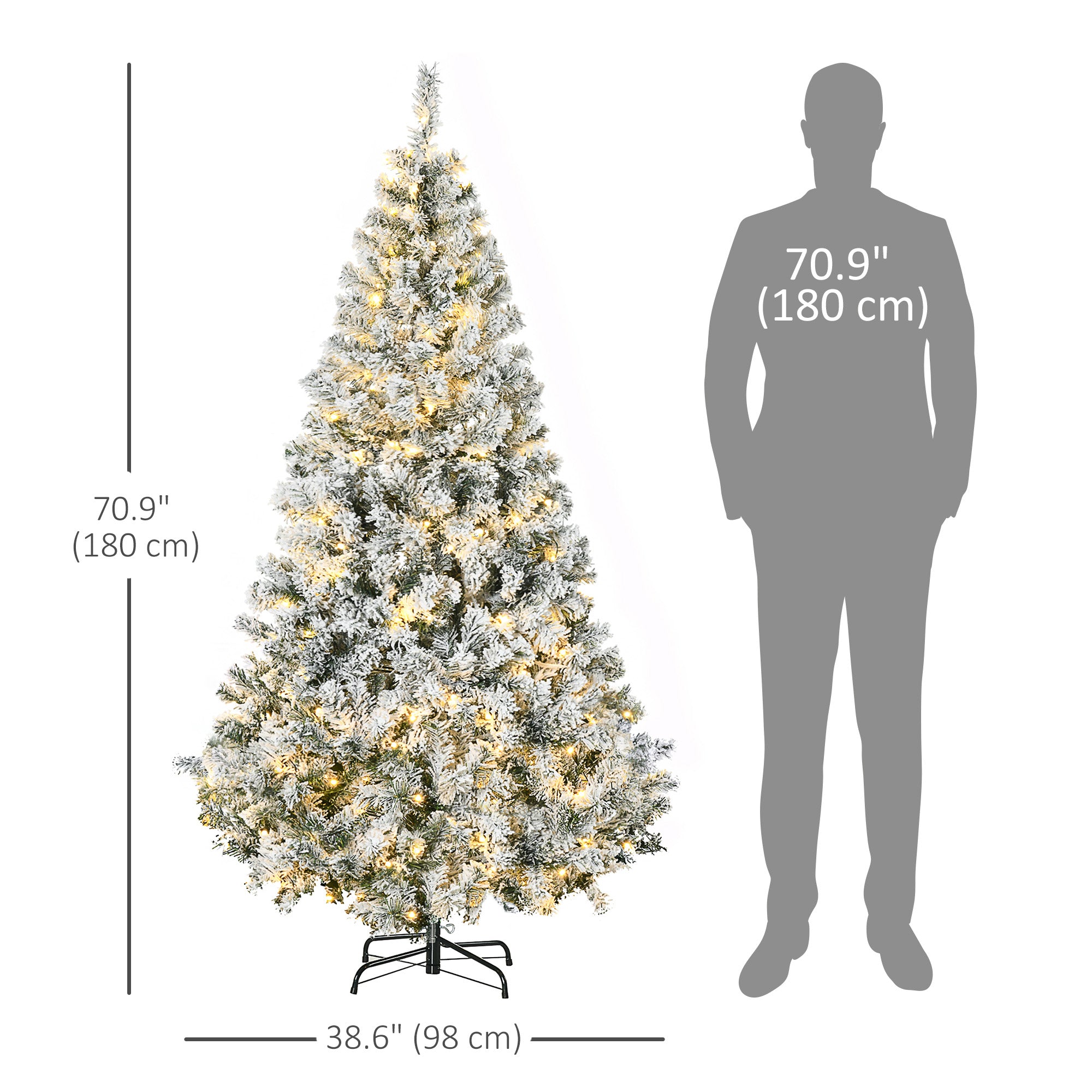 HOMCOM 6ft Prelit Snow Flocked Artificial Christmas Tree, Realistic Xmas Tree with 220 Warm White LED Light and 638 Tips, Metal Base, Auto Open, Green