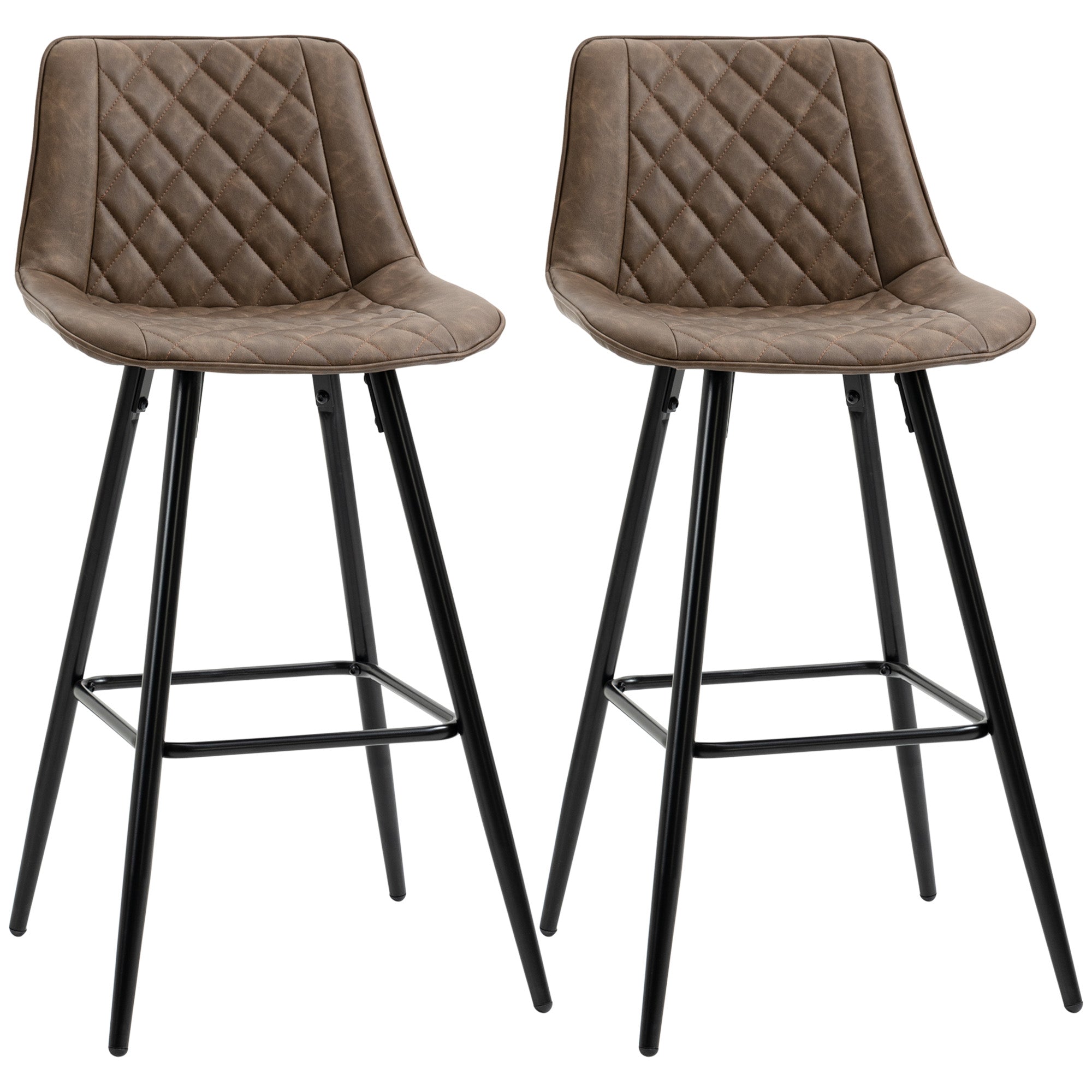 HOMCOM Bar Stools Set of 2, PU Leather Counter Height Bar Chairs, 27.75" Kitchen Stools with Metal Legs for Dining Area, Kitchen Island, Brown