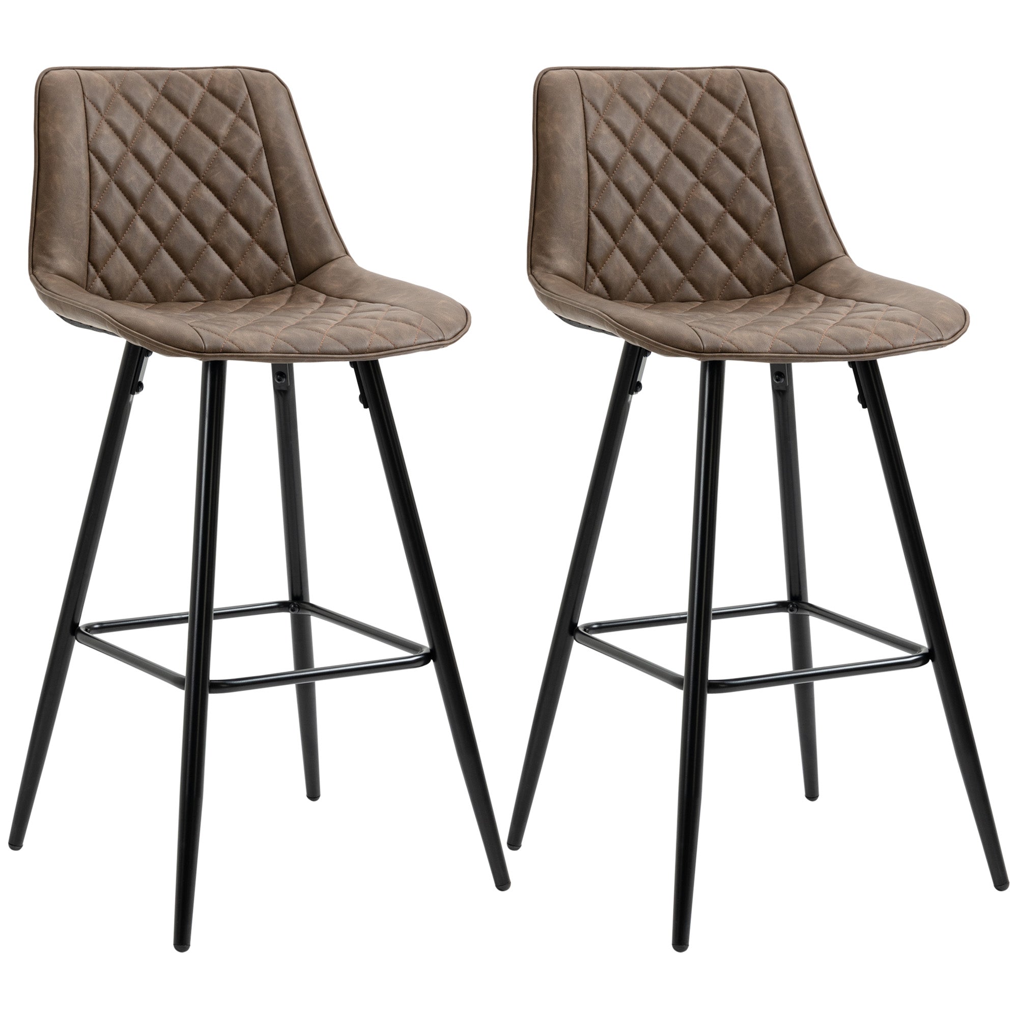 HOMCOM Bar Stools Set of 2, PU Leather Counter Height Bar Chairs, 27.75" Kitchen Stools with Metal Legs for Dining Area, Kitchen Island, Brown