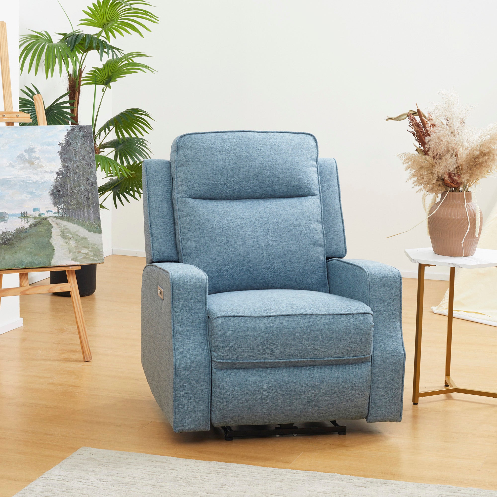 Electric Power Recliner Wall Hugger Armchair with USB Charging Station Linen Upholstered Seat Blue