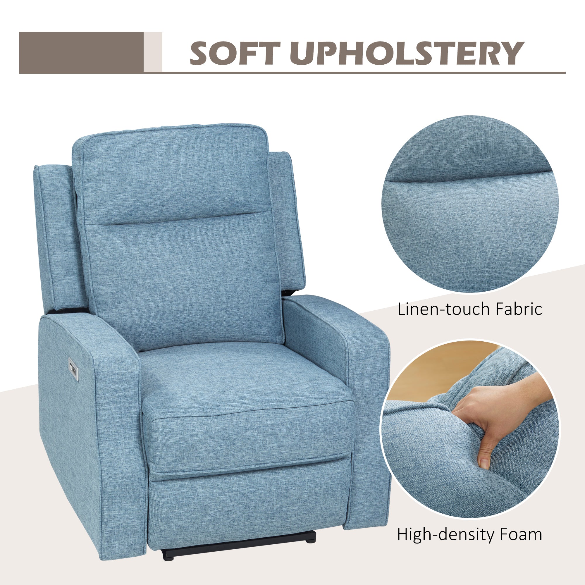 Electric Power Recliner Wall Hugger Armchair with USB Charging Station Linen Upholstered Seat Blue