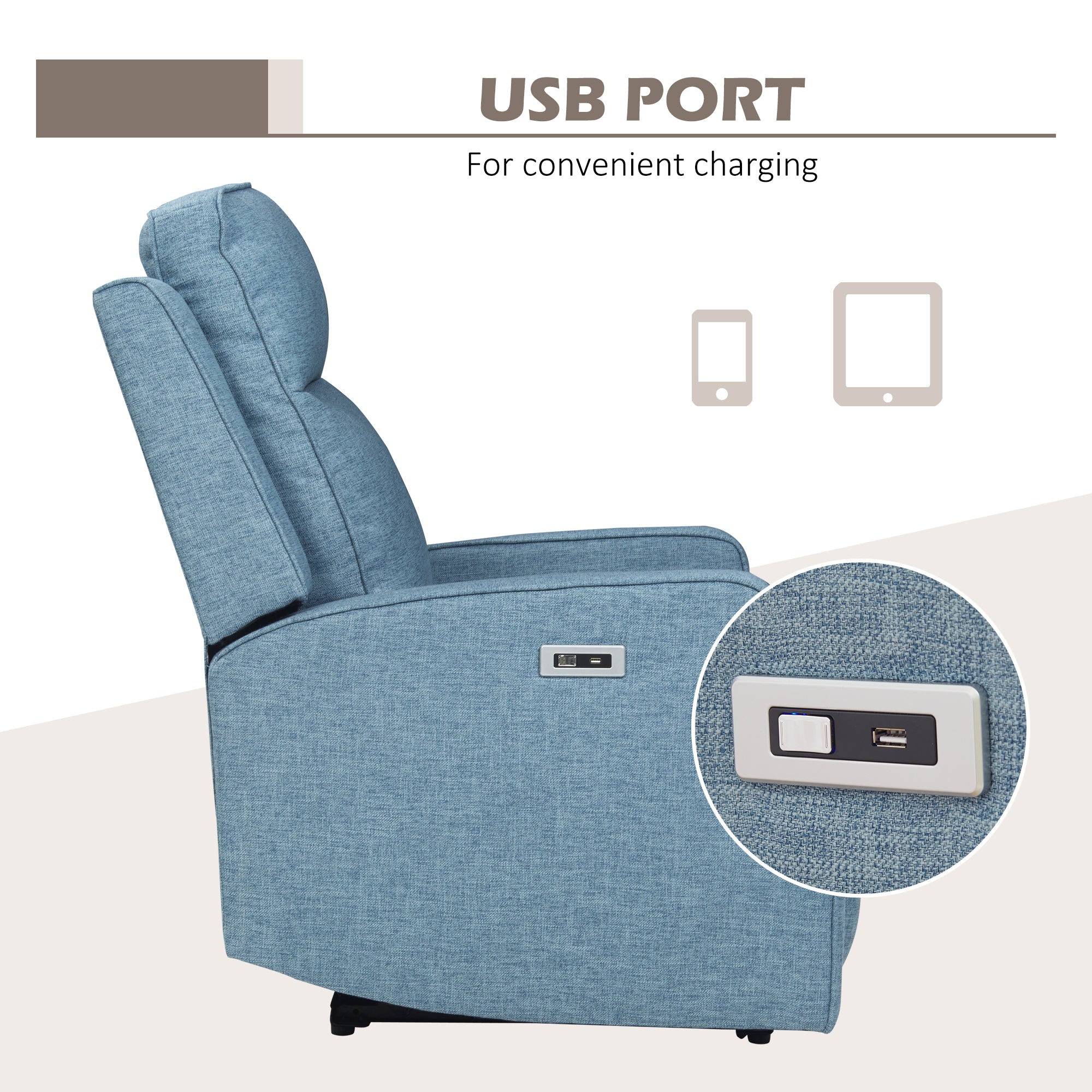 Electric Power Recliner Wall Hugger Armchair with USB Charging Station Linen Upholstered Seat Blue