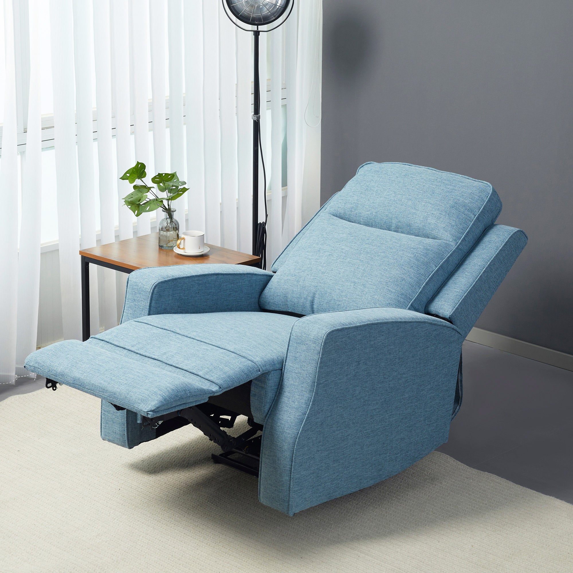 Electric Power Recliner Wall Hugger Armchair with USB Charging Station Linen Upholstered Seat Blue