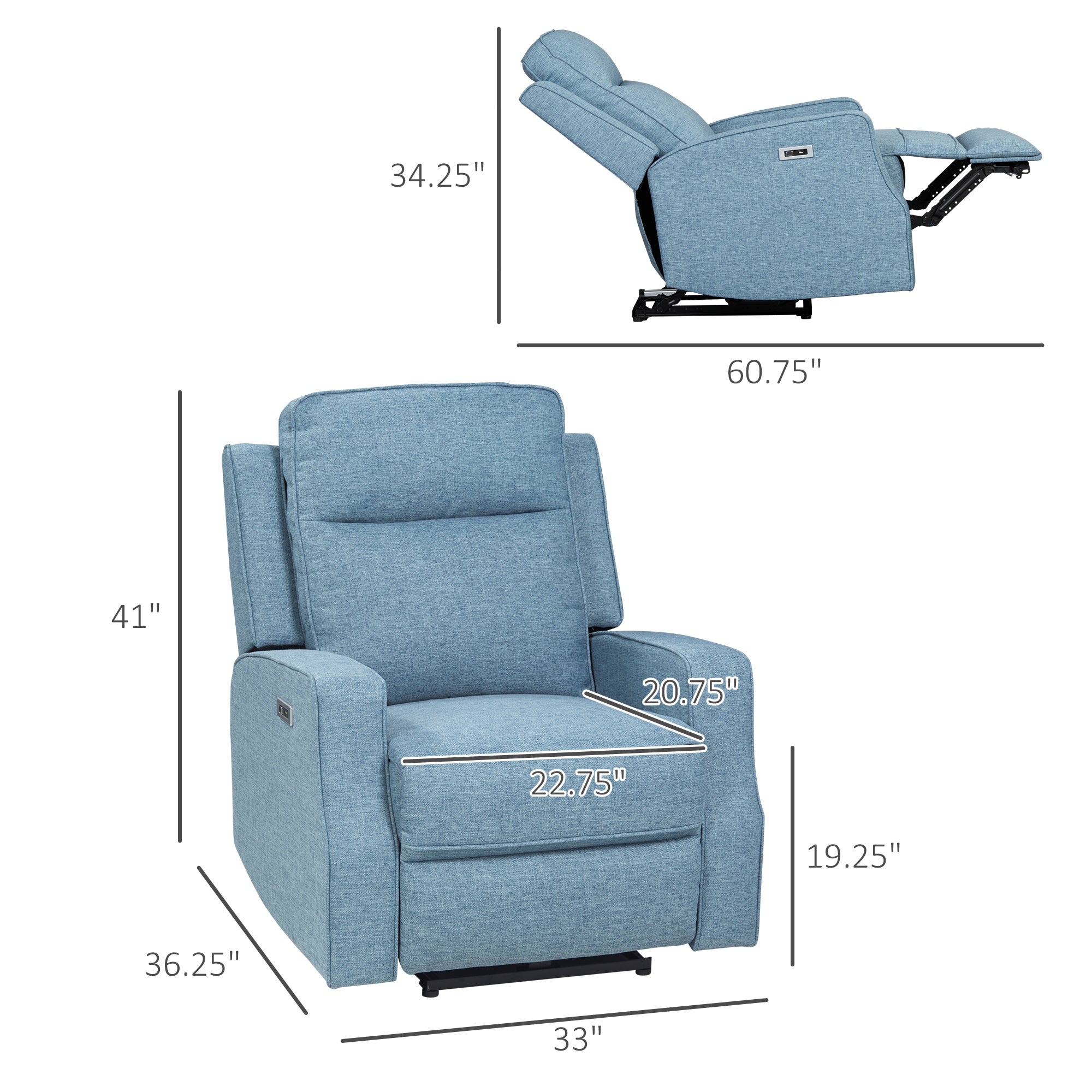 Electric Power Recliner Wall Hugger Armchair with USB Charging Station Linen Upholstered Seat Blue