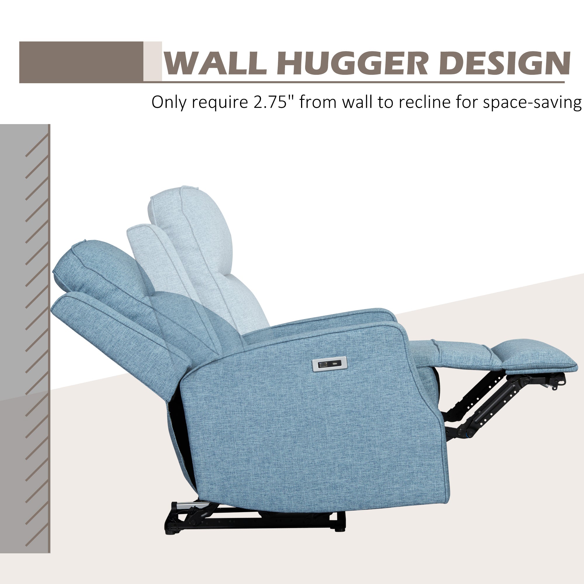 Electric Power Recliner Wall Hugger Armchair with USB Charging Station Linen Upholstered Seat Blue