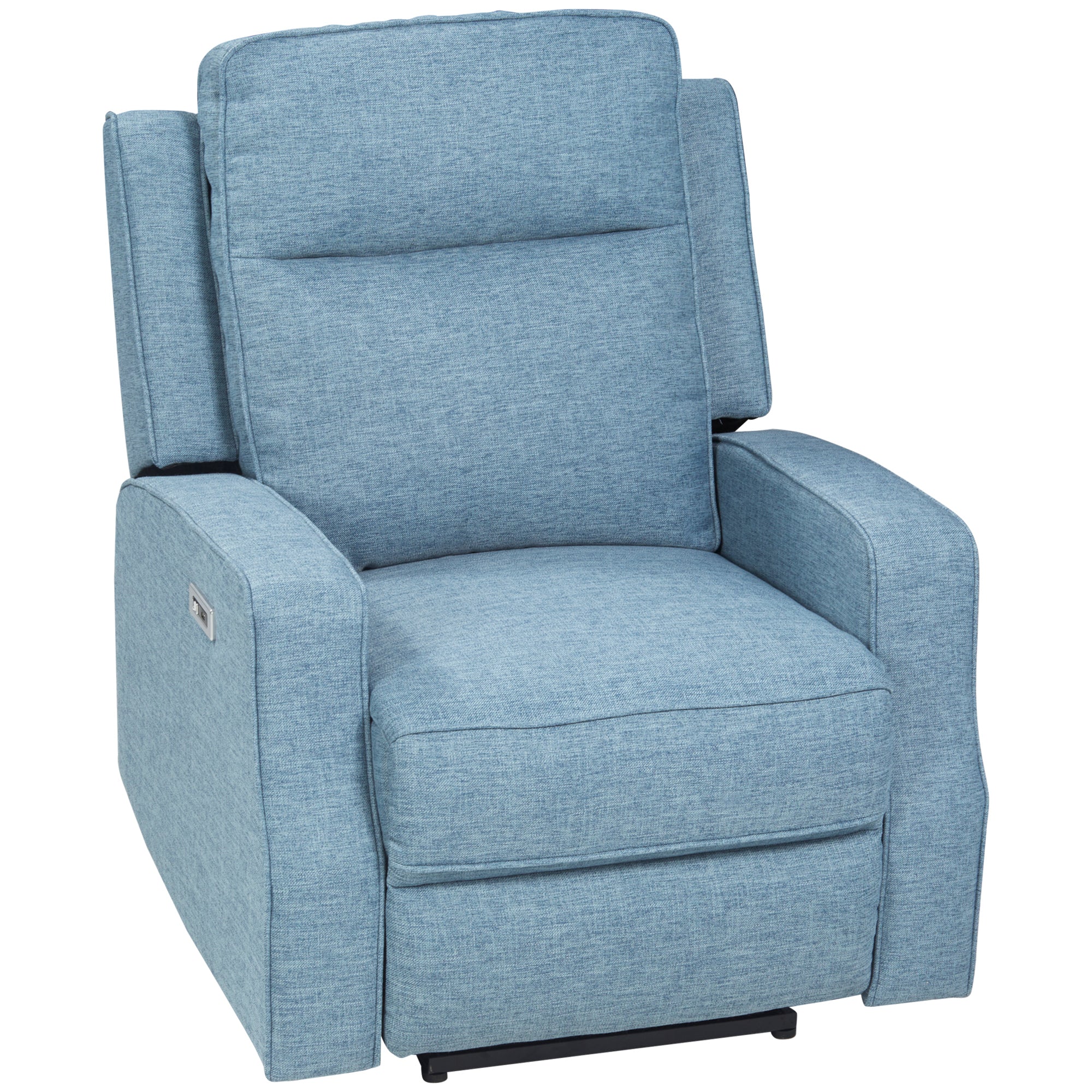 Electric Power Recliner Wall Hugger Armchair with USB Charging Station Linen Upholstered Seat Blue