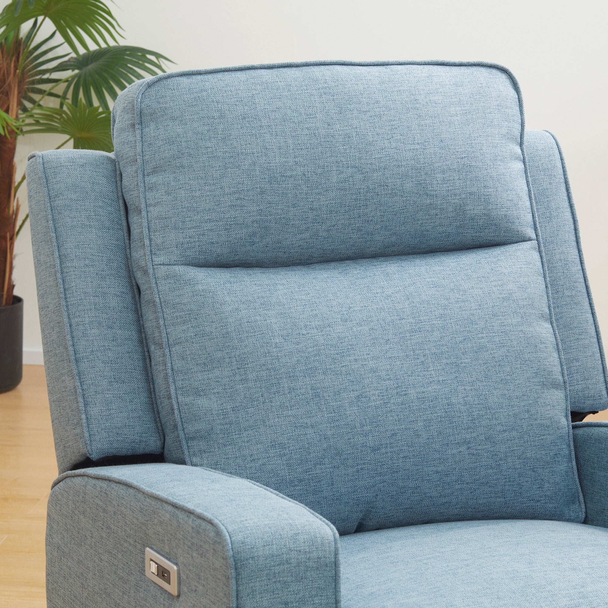 Electric Power Recliner Wall Hugger Armchair with USB Charging Station Linen Upholstered Seat Blue