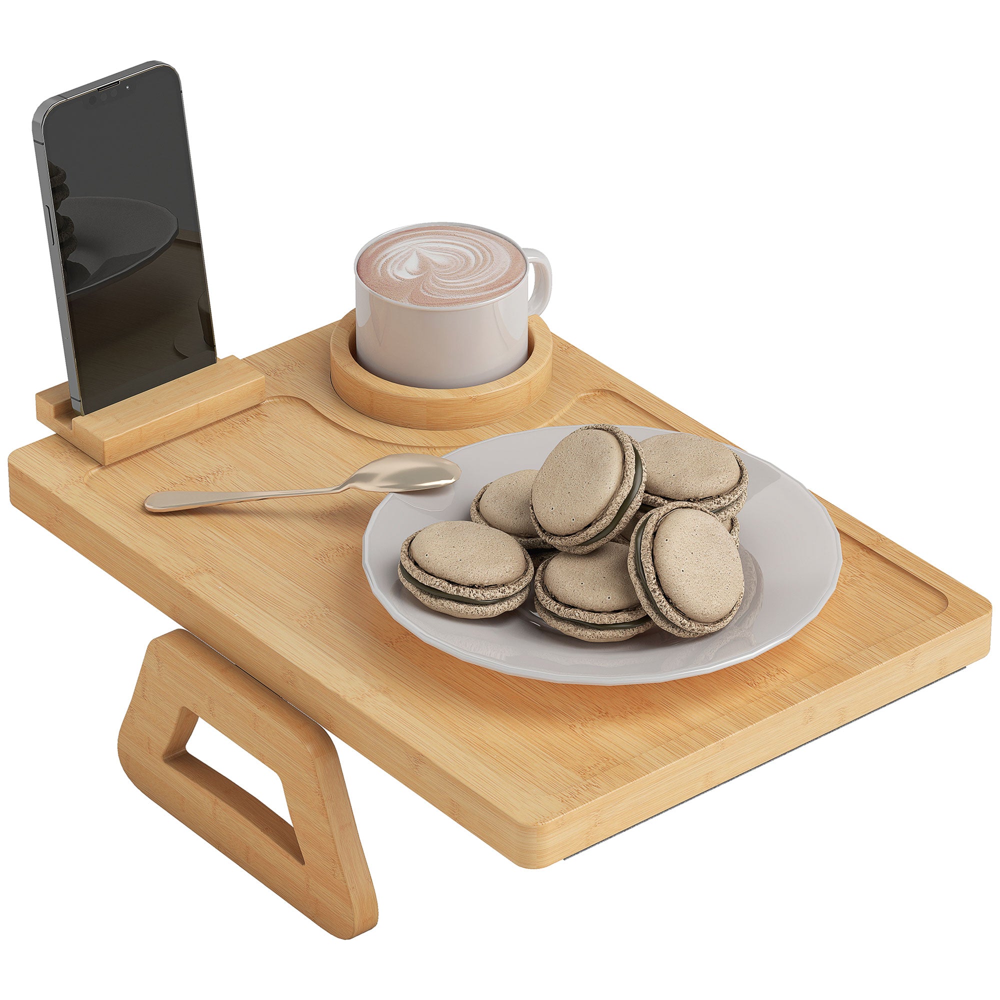 Bamboo Sofa Arm Tray, Anti-Slip Sofa Armrest Tray with 360° Phone Holder and Removable Cup Holder, Clip-On Armchair Table for Drinks, Snacks and Remote Control, Natural Wood Finish