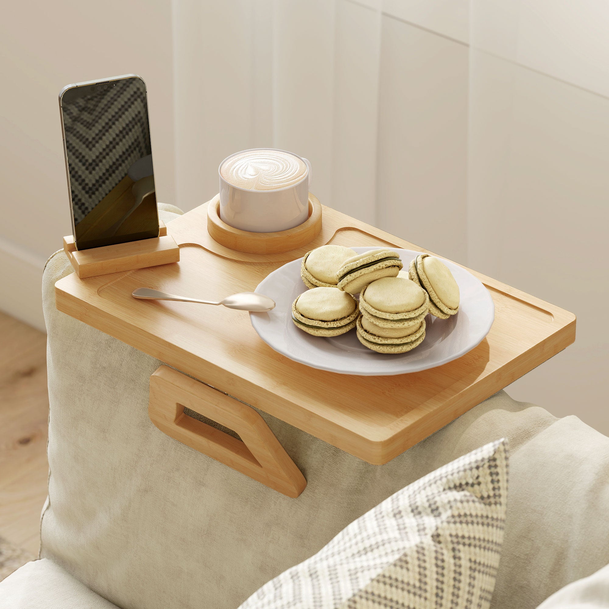Bamboo Sofa Arm Tray, Anti-Slip Sofa Armrest Tray with 360° Phone Holder and Removable Cup Holder, Clip-On Armchair Table for Drinks, Snacks and Remote Control, Natural Wood Finish