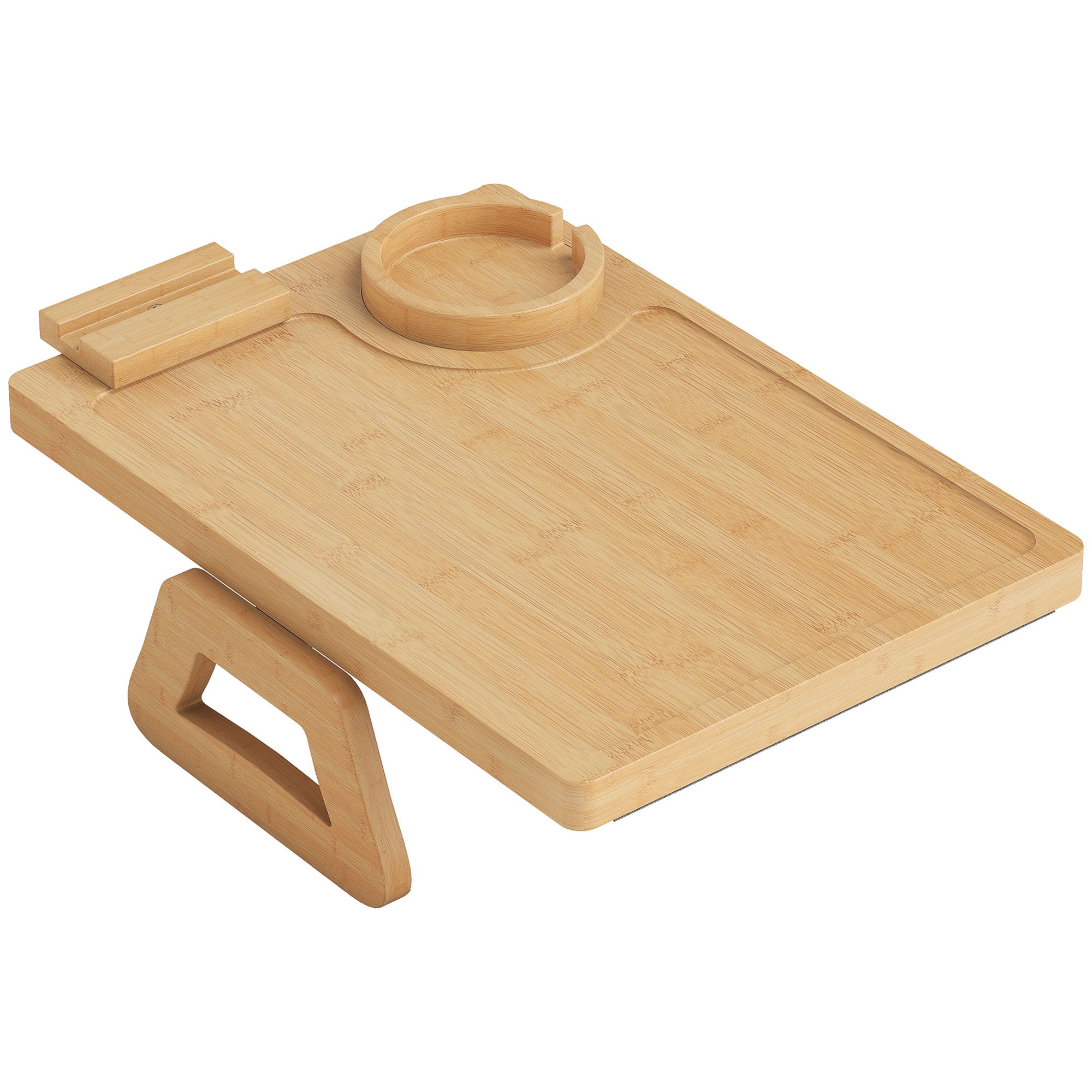Bamboo Sofa Arm Tray, Anti-Slip Sofa Armrest Tray with 360° Phone Holder and Removable Cup Holder, Clip-On Armchair Table for Drinks, Snacks and Remote Control, Natural Wood Finish