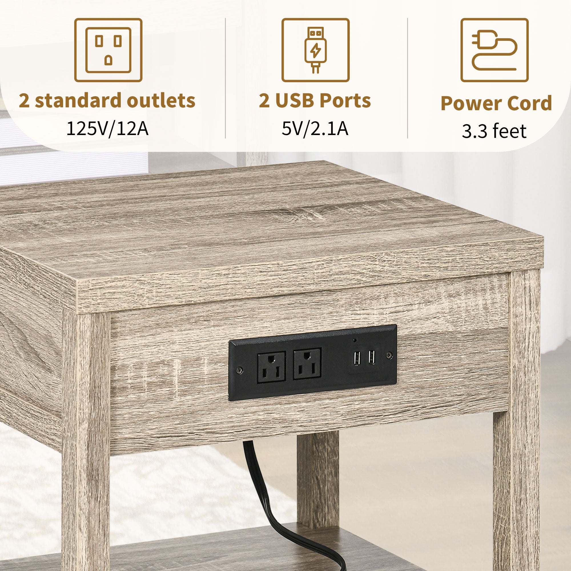 HOMCOM Nightstand with Charging Station, 2 USB Ports and 2 Outlets, Bedside Table with Drawer and Shelf for Bedroom, Oak Tone