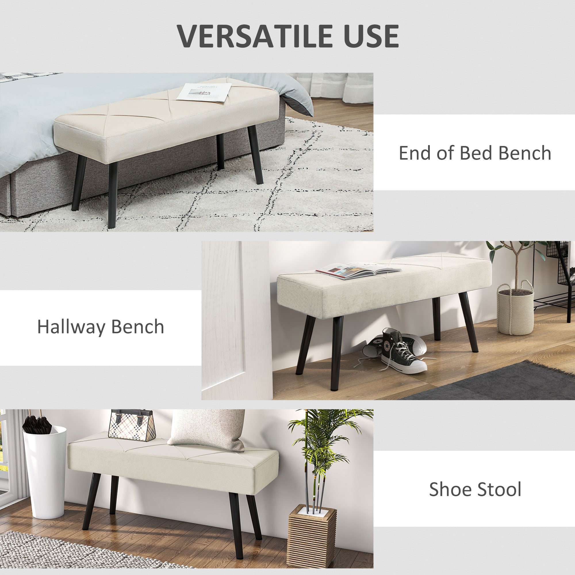 HOMCOM 39" End of Bed Bench, Velvet Upholstered Entryway Bench with Steel Legs, Bedroom Bench for Living Room, Dining Room, Hallway, Cream White