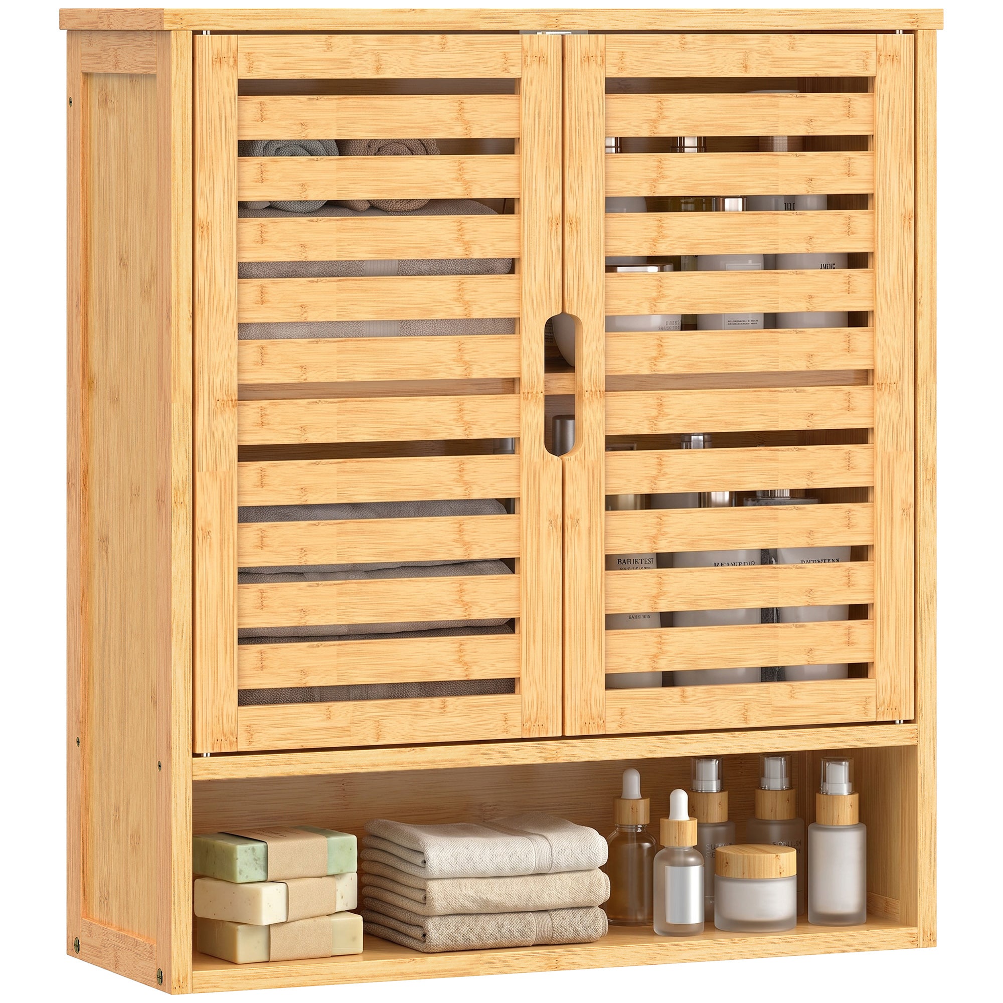 Bathroom Wall Cabinet, Wall Mounted Bathroom Cabinet with 2 Louvered Doors, Open Shelf and Adjustable Shelf Storage for Toilet, Laundry, Oak