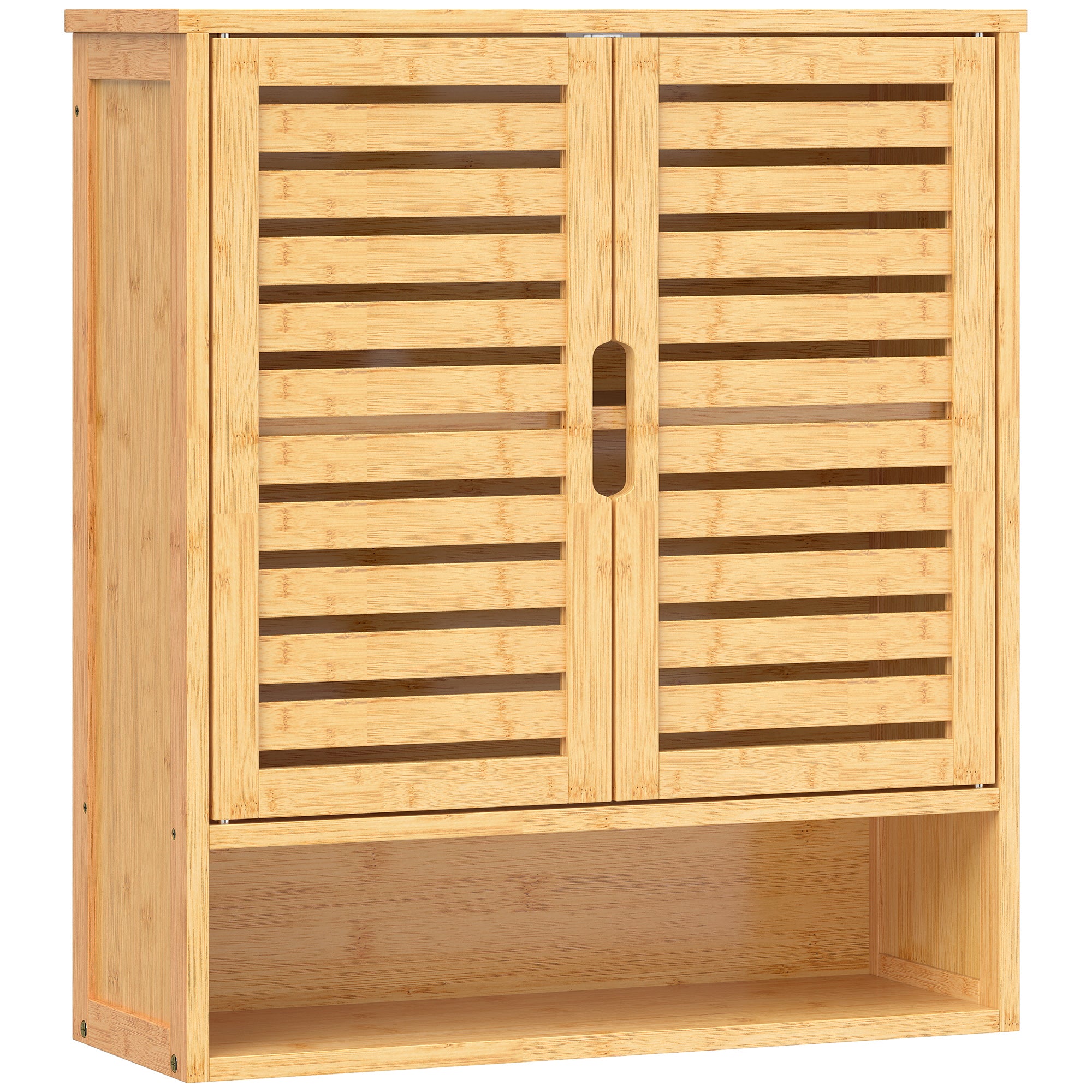 Bathroom Wall Cabinet, Wall Mounted Bathroom Cabinet with 2 Louvered Doors, Open Shelf and Adjustable Shelf Storage for Toilet, Laundry, Oak