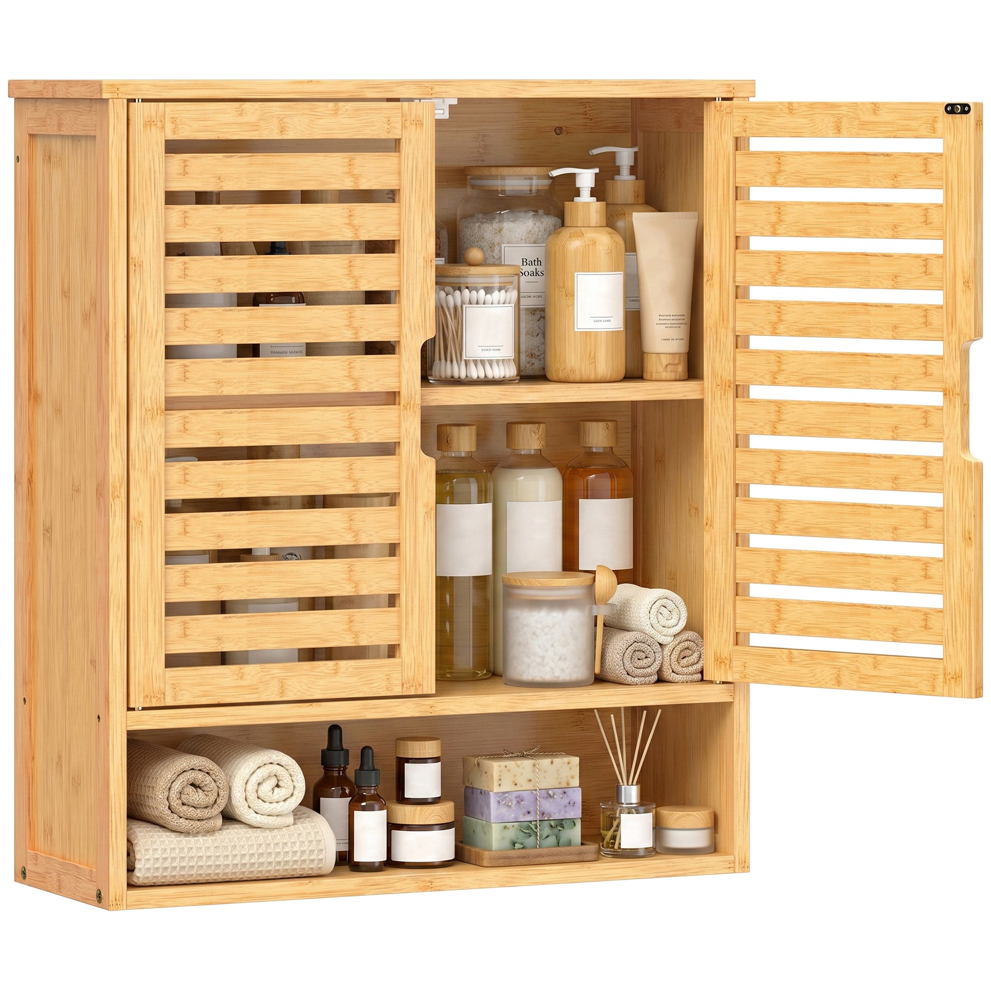 Bathroom Wall Cabinet, Wall Mounted Bathroom Cabinet with 2 Louvered Doors, Open Shelf and Adjustable Shelf Storage for Toilet, Laundry, Oak