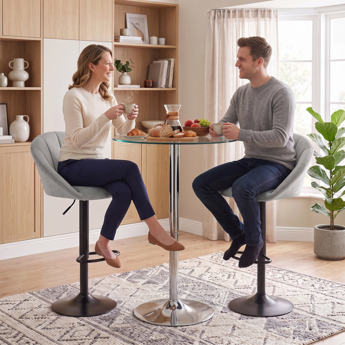 Breakfast Bar Stools Set of 2, Modern Velvet-Feel Swivel BarStools, Adjustable Counter Height Bar Chairs with Backrest and Footrest for Kitchen Island, Dining Room, Bar, Light Grey
