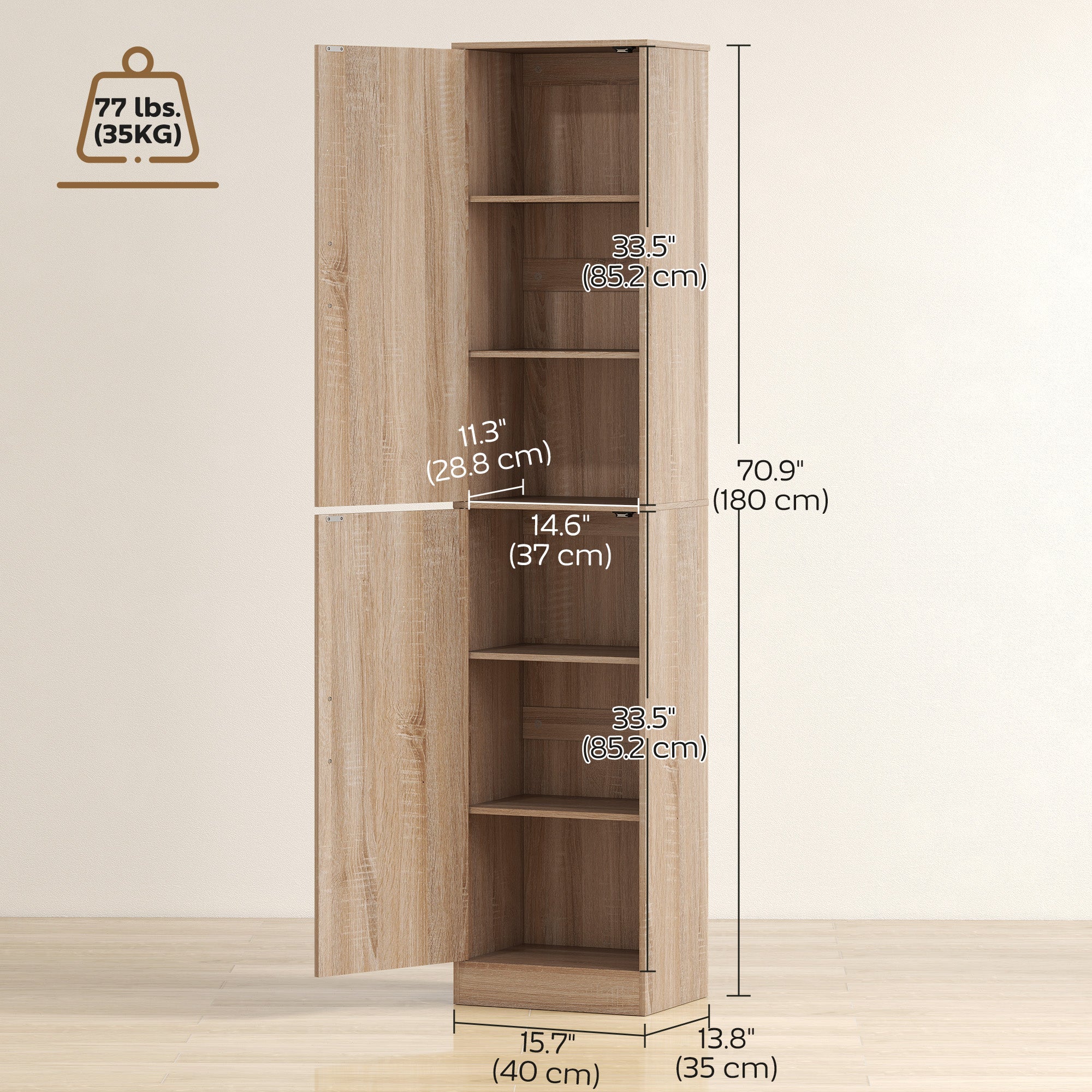 71" Tall Bathroom Cabinet, Slim 6-Tier Bathroom Floor Cabinet with 2 Doors, 4 Adjustable Shelves, Standing Storage Unit for Small Spaces, Living Room, Kitchen, Natural Wood
