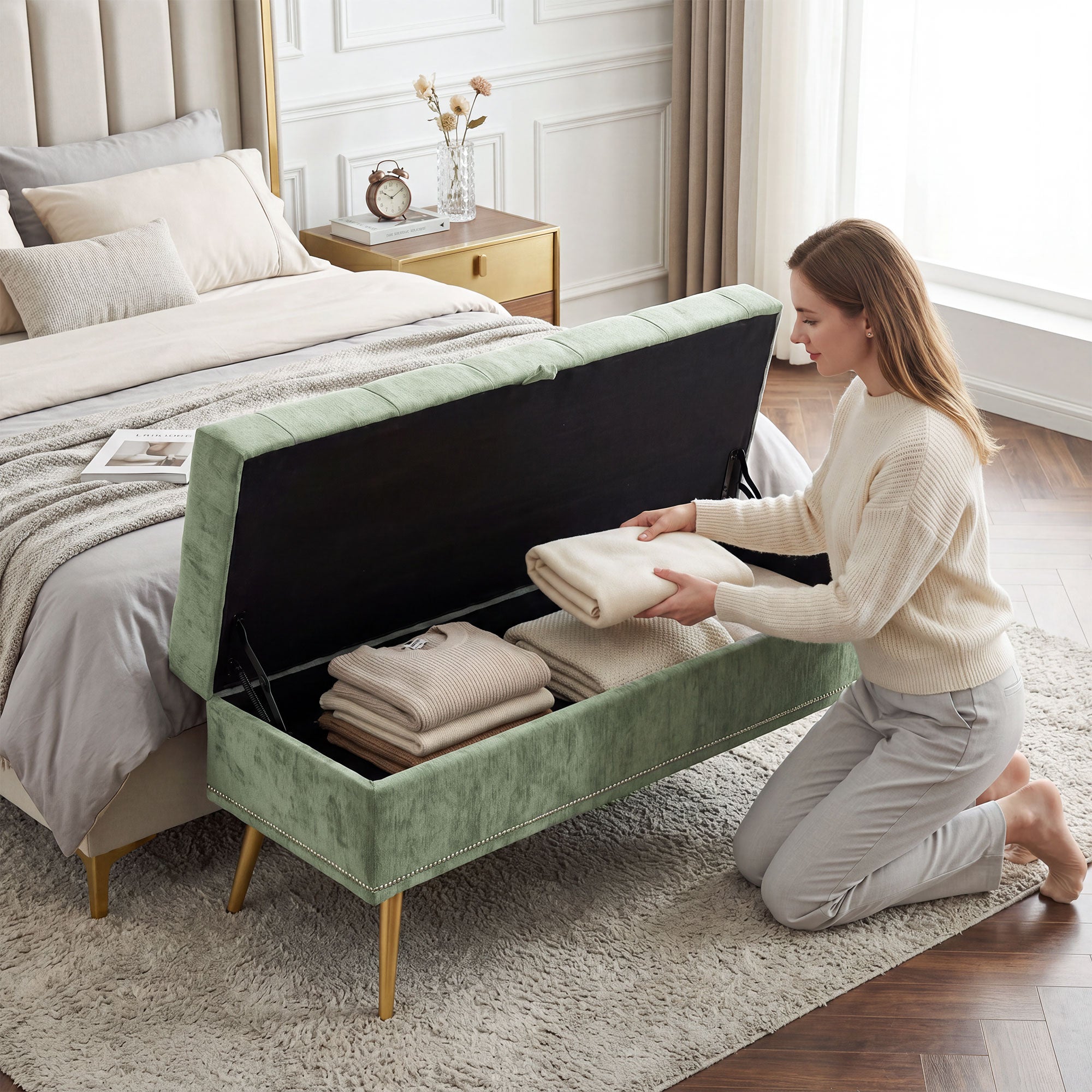 Storage Ottoman, Chenille Upholstered Ottoman Storage Box with Padded Seat, End of Bed Bench with Metal Legs for Bedroom, Hallway, Living Room, 114 x 41 x 45 cm, Light Green