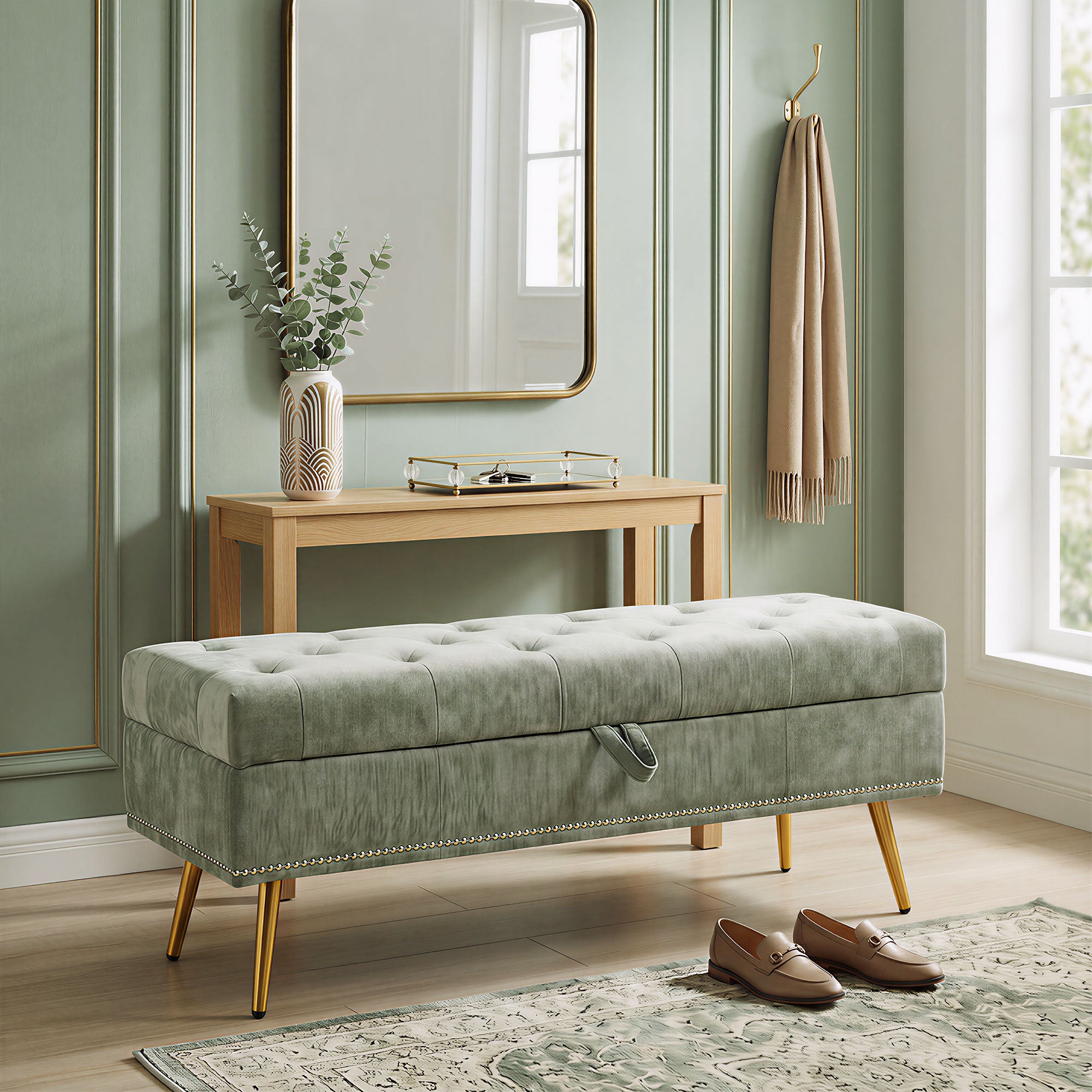 Storage Ottoman, Chenille Upholstered Ottoman Storage Box with Padded Seat, End of Bed Bench with Metal Legs for Bedroom, Hallway, Living Room, 114 x 41 x 45 cm, Light Green