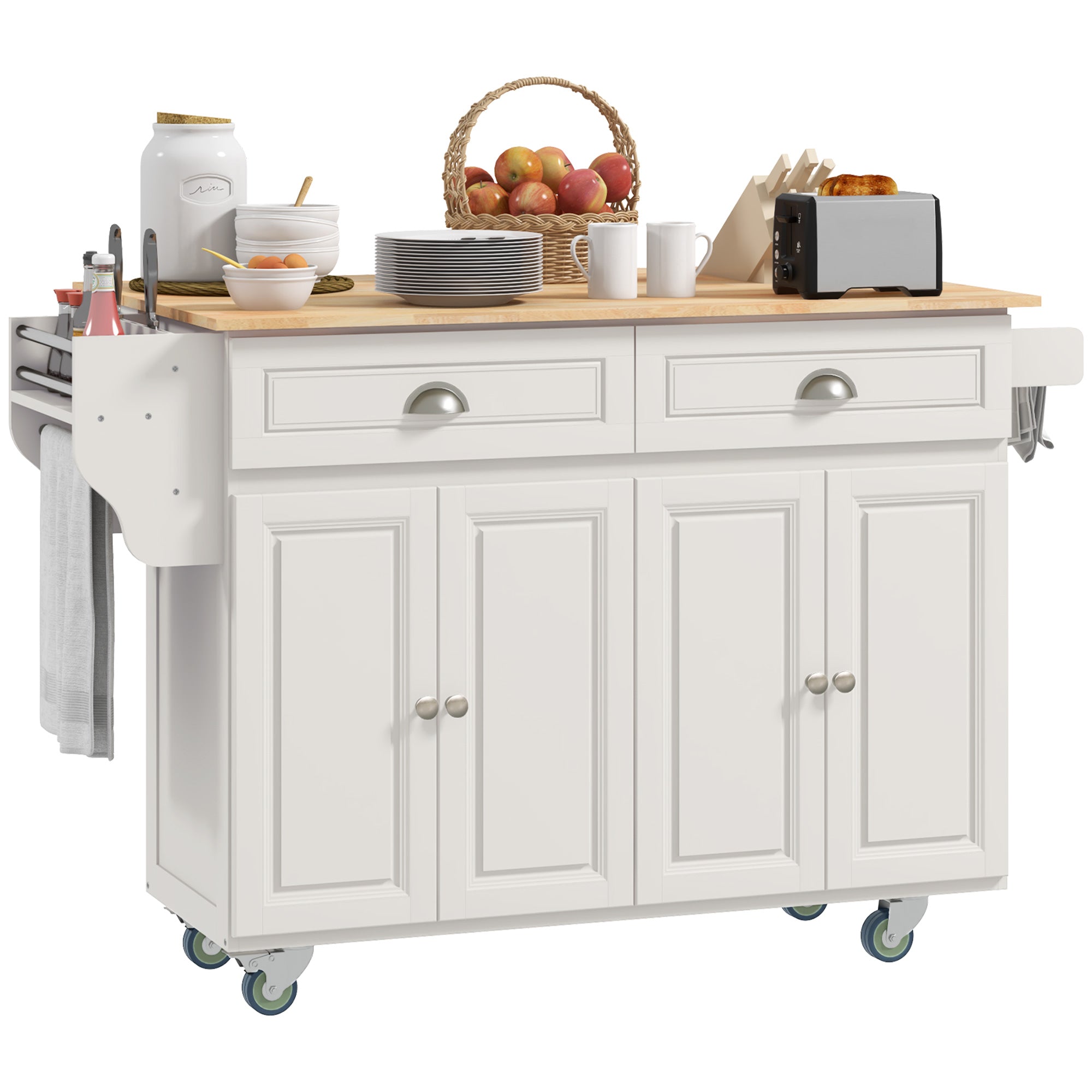 Rolling Kitchen Island Drop Leaf Kitchen Cart on Wheels Solid Wood Top with Storage Drawers Cream White