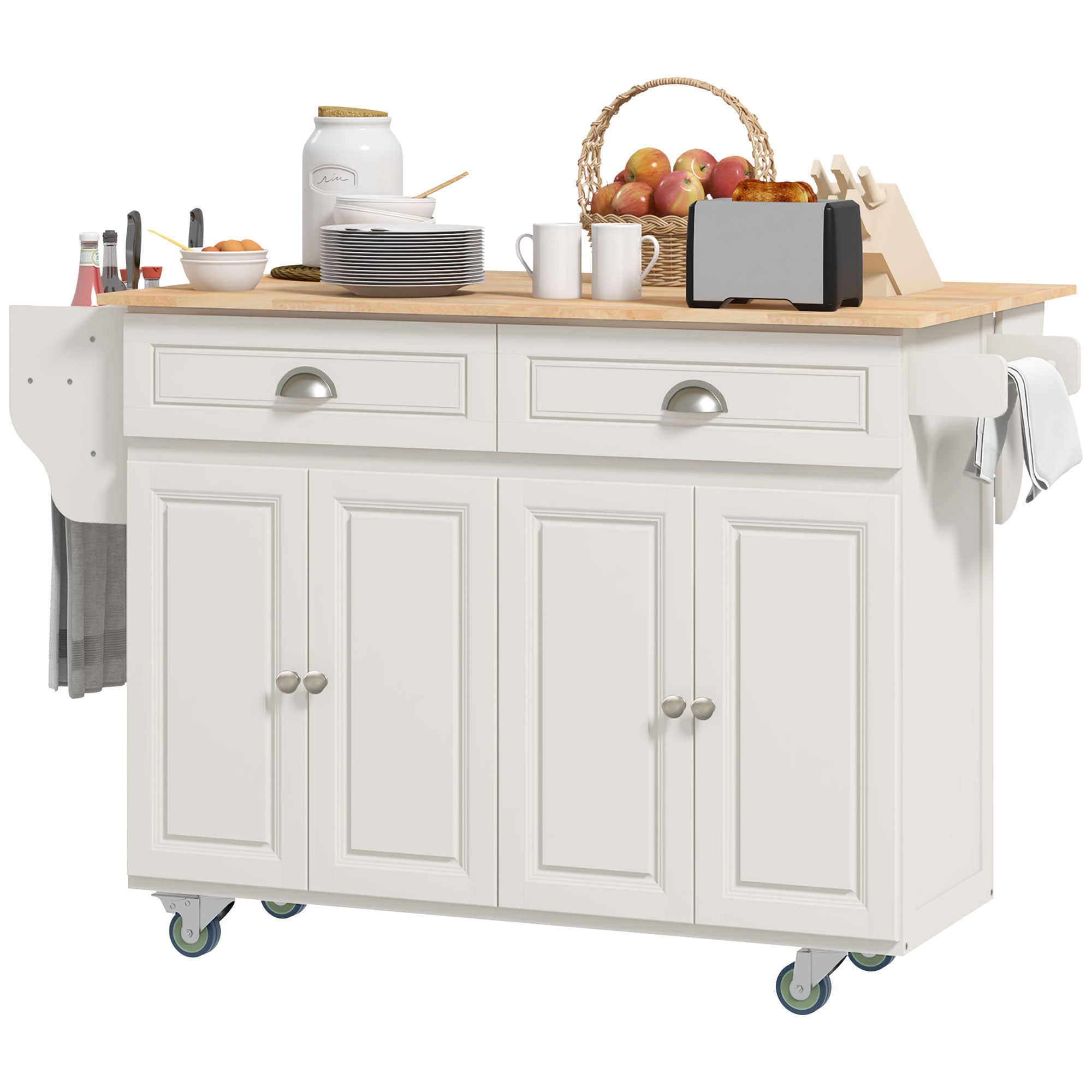 Rolling Kitchen Island Drop Leaf Kitchen Cart on Wheels Solid Wood Top with Storage Drawers Cream White