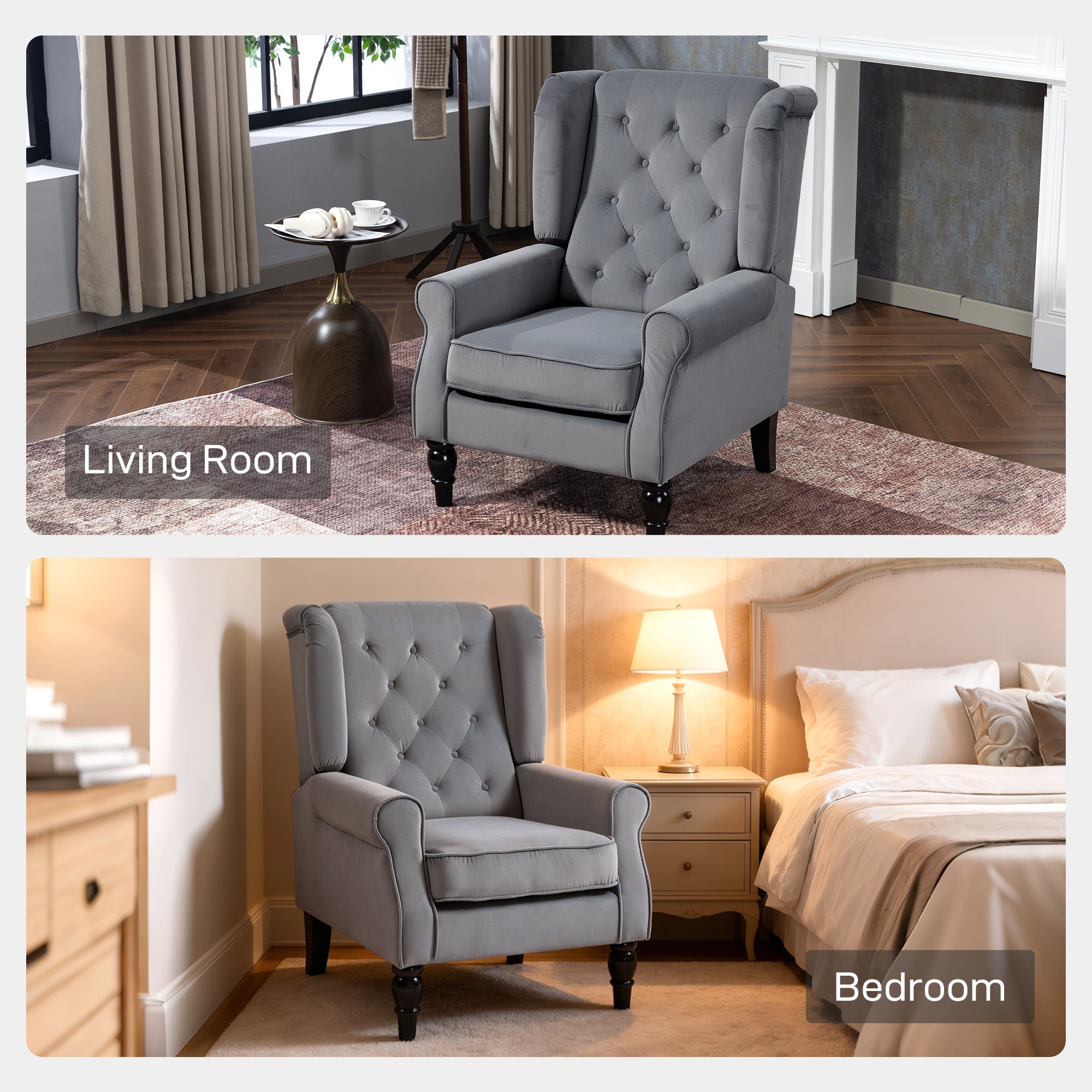 Retro Accent Chair, Velvet Wingback Armchair with Wood Frame Button Tufted Design for Living Room Bedroom, Light Grey