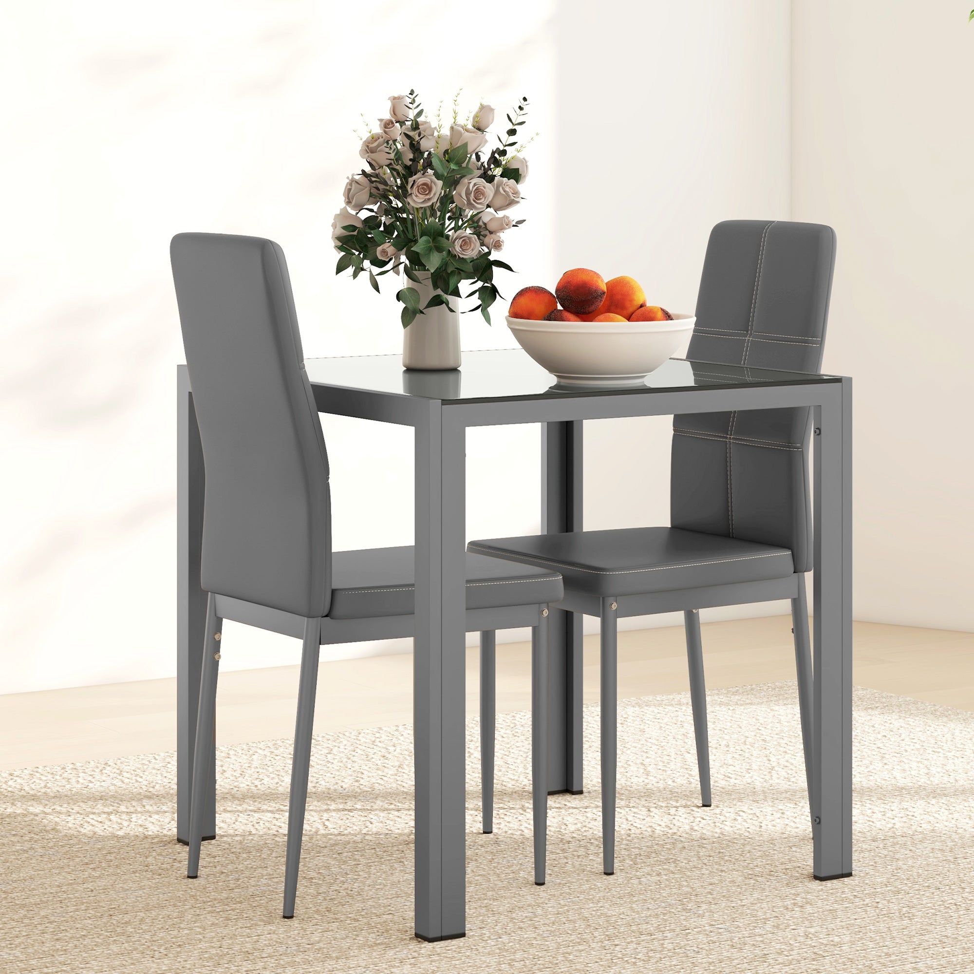 HOMCOM Dining Table Set for 2, 3-Piece Rectangular Glass Kitchen Table and Chairs with Metal Frame and Faux Leather Upholstery for Dining Room, Living Room, Grey