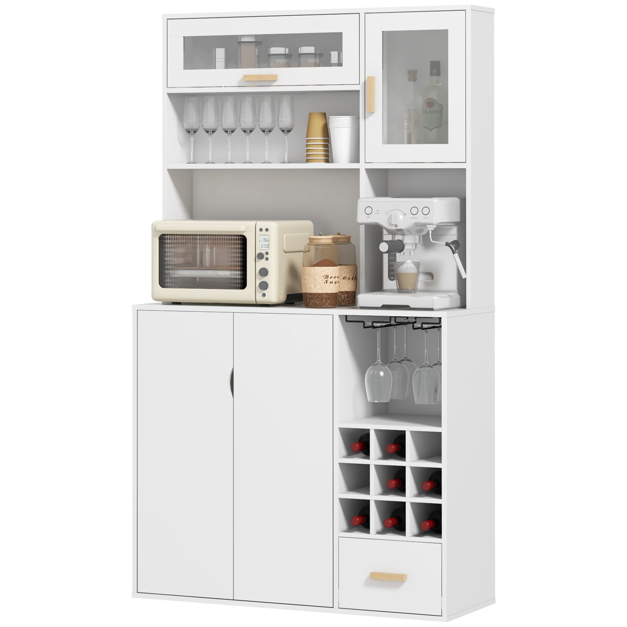 HOMCOM Kitchen Hutch with Wine Storage, Buffet with Hutch, Microwave Countertop, Drawer, Adjustable Shelf, Tempered Glass Doors, Coffee Bar Cabinet, White