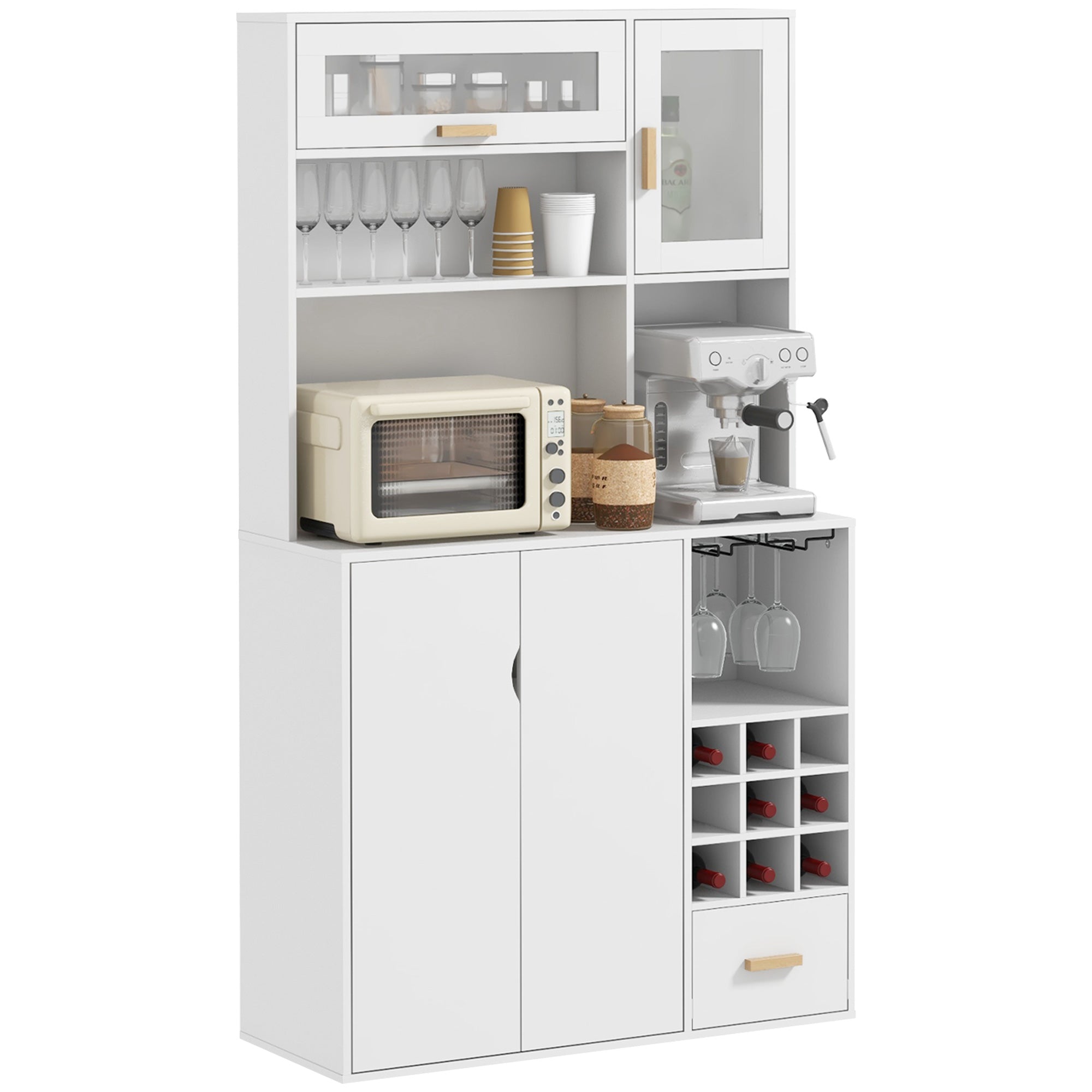 HOMCOM Kitchen Hutch with Wine Storage, Buffet with Hutch, Microwave Countertop, Drawer, Adjustable Shelf, Tempered Glass Doors, Coffee Bar Cabinet, White