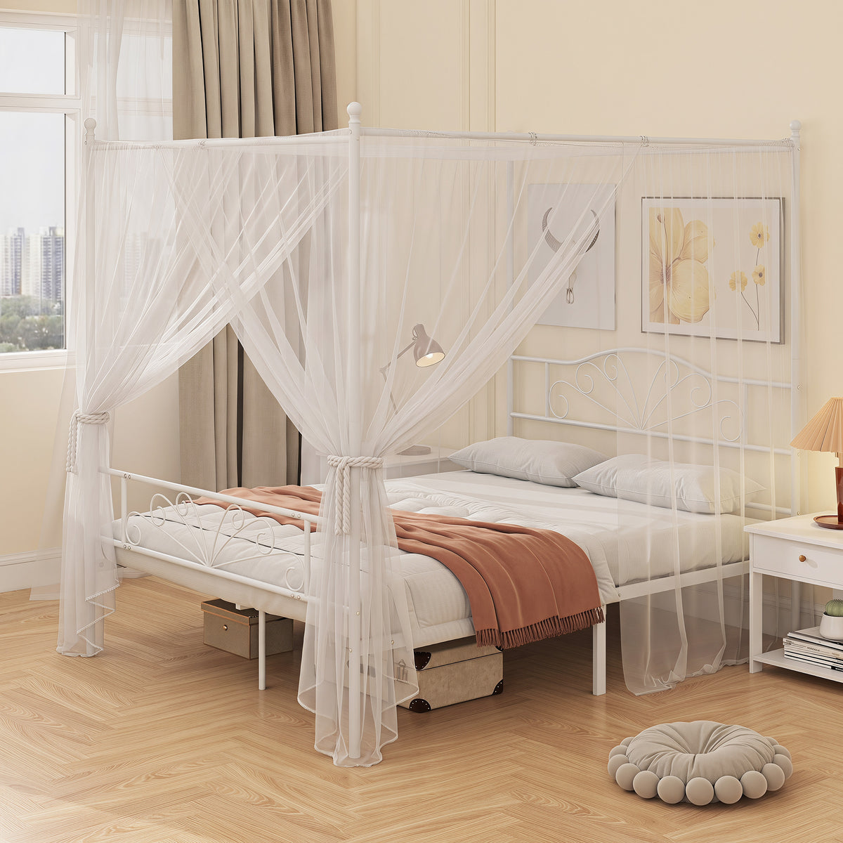 Canopy Bed Frame King Size, Metal Platform Bed Frame with Headboard and Footboard, Underbed Storage, Heavy Duty Steel Slats Support Mattress Foundation, No Box Spring Needed, White