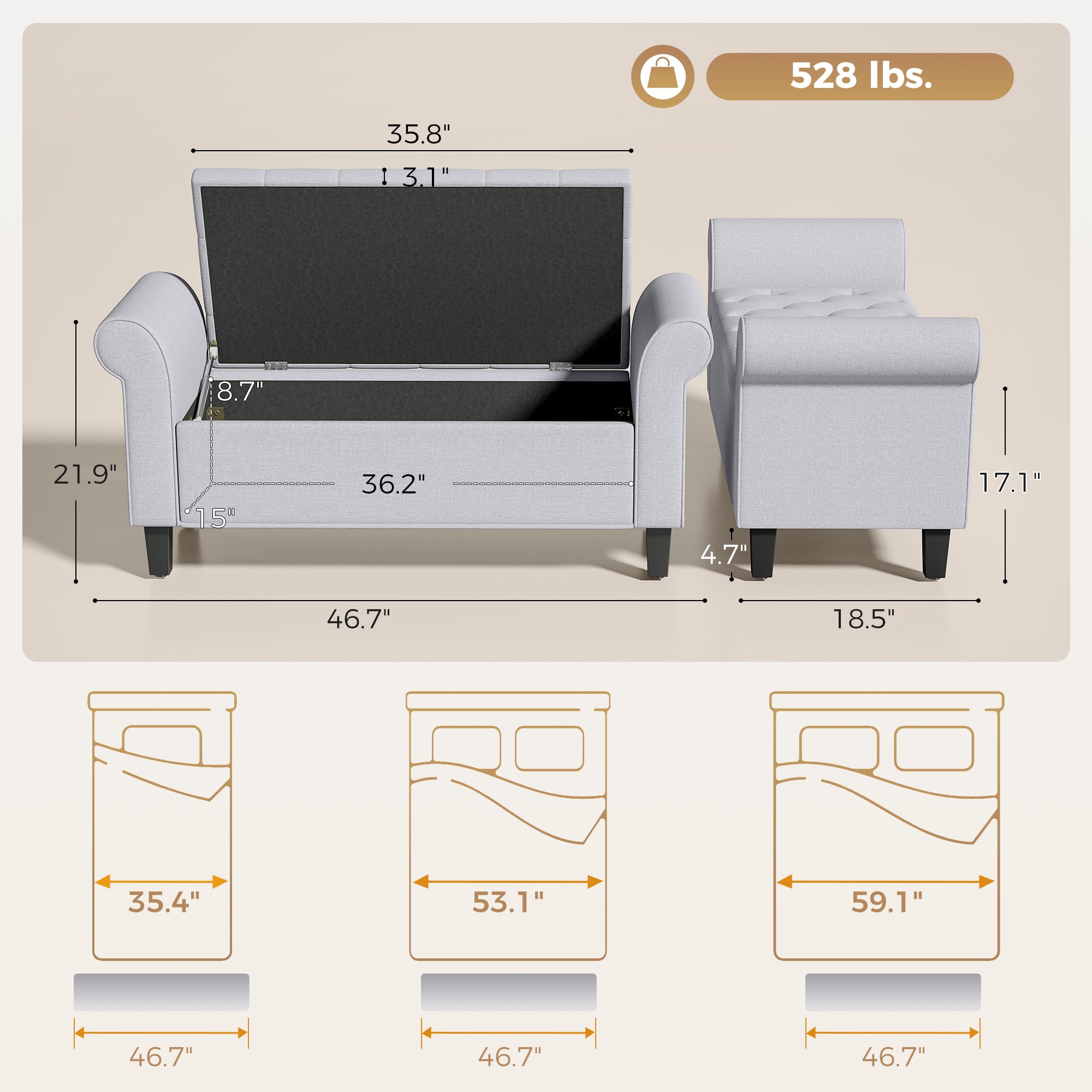 47" Storage Ottoman Bench, Tufted Long Ottoman with Storage Chest, Rolled Arms, Safety Hinge, Wooden Legs, Upholstered End of Bed Bench, 528 lbs for Bedroom, Entryway, Living Room, Light Gray