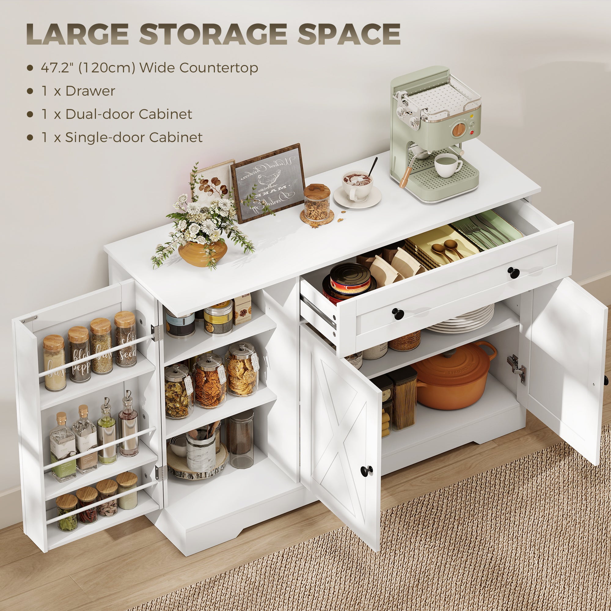 Farmhouse Sideboard Buffet Cabinet with Storage, 47" Coffee Bar Cabinet with 3 Door Shelves, Drawer, Adjustable Shelves and 3 Barn Doors, White