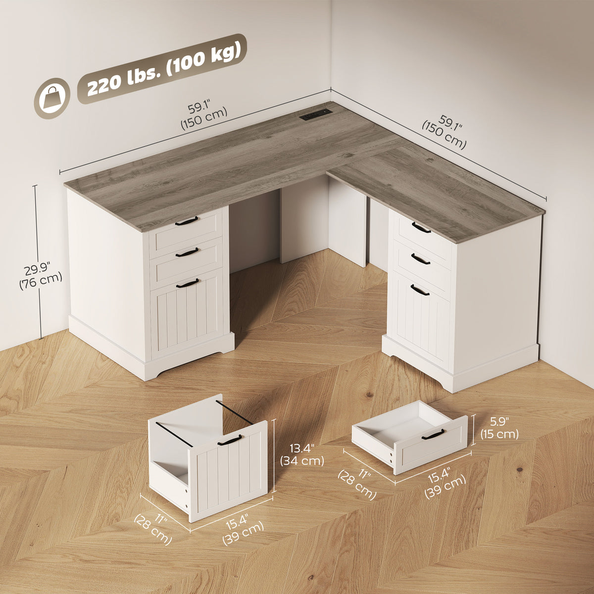 L Shaped Computer Desk with Power Outlets & USB Charging, Corner Desk with 6 Drawers, Hanging Bar for A4 and Letter Size, Study and Home Office, Brown and White