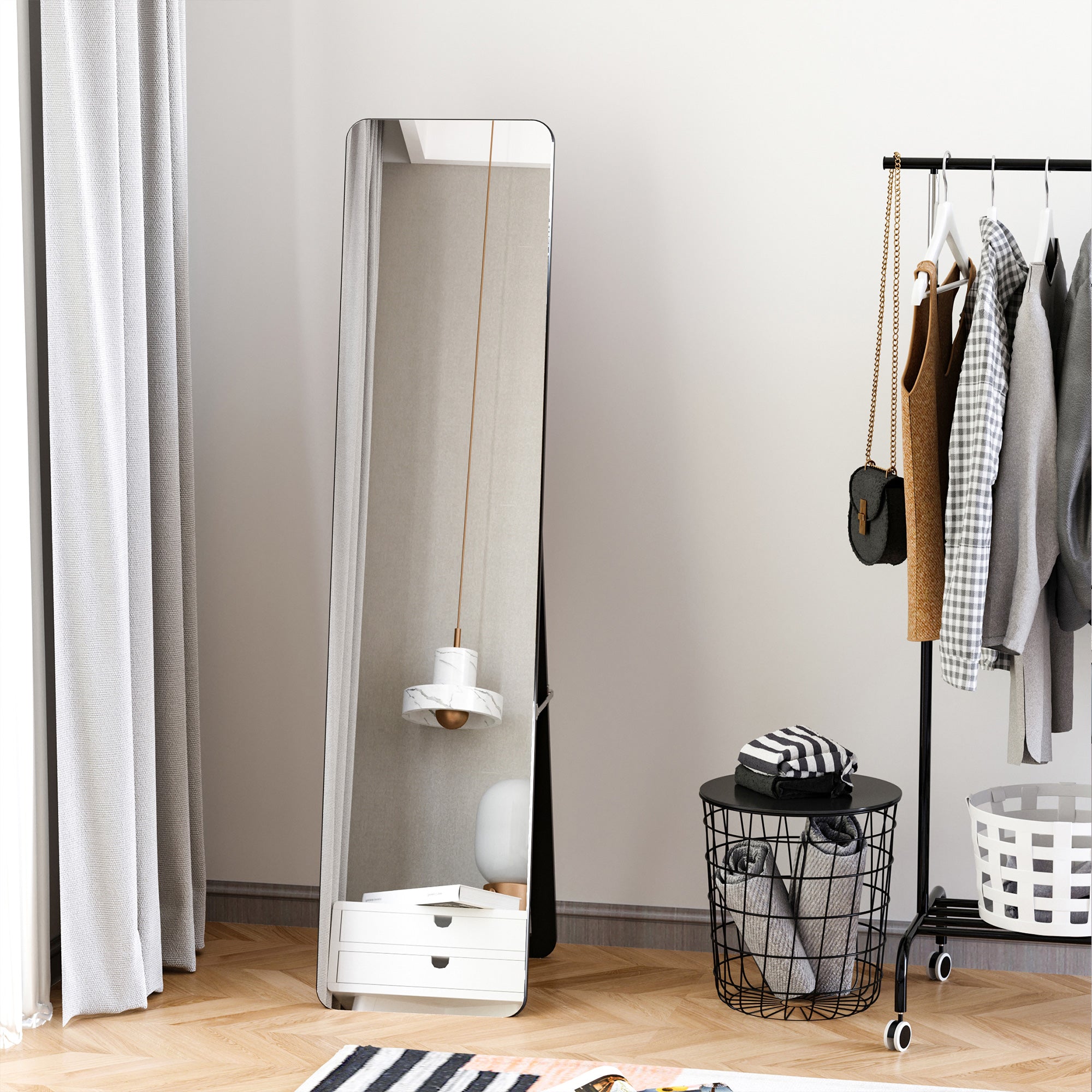 HOMCOM 62"x15" Full Length Mirror, Floor Standing, Wall-Mounted or Leaning Against Wall Tall Mirror with Support Frame, Rectangular Full Body Mirror for Bedroom, Living Room, Black