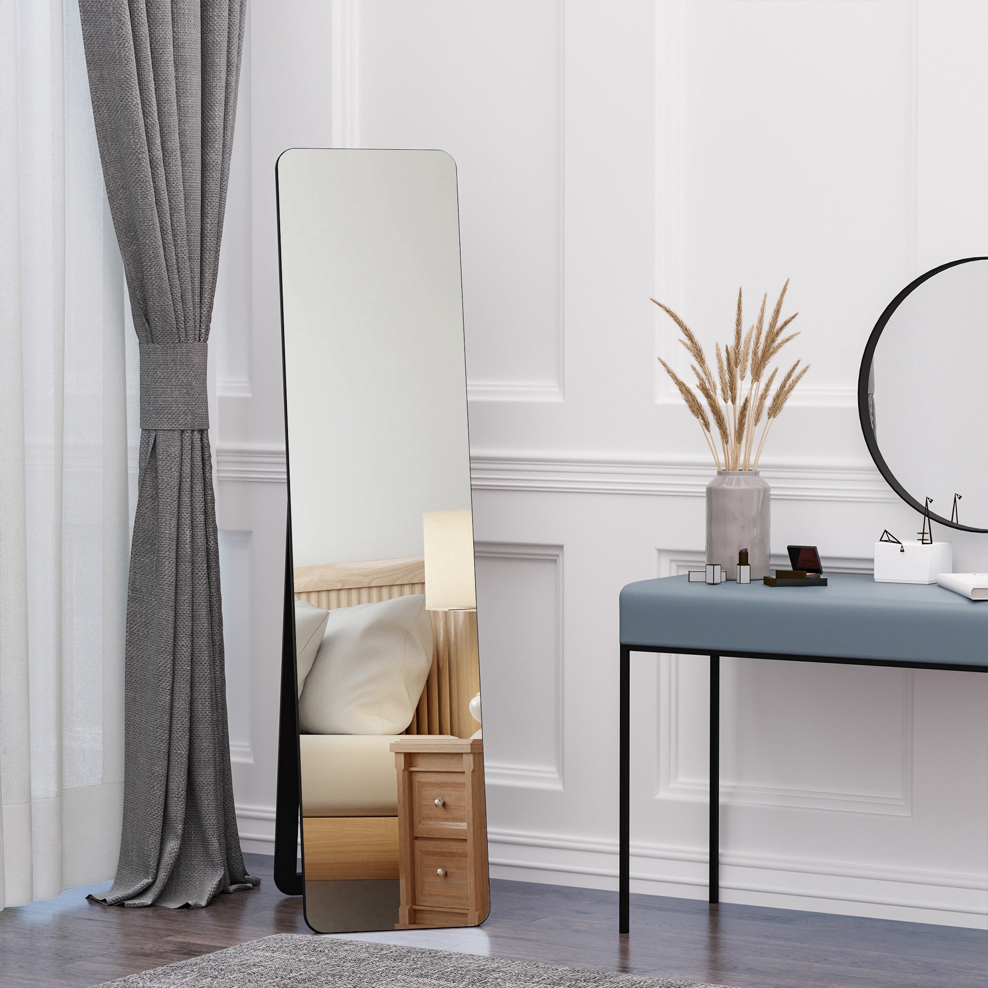HOMCOM 62"x15" Full Length Mirror, Floor Standing, Wall-Mounted or Leaning Against Wall Tall Mirror with Support Frame, Rectangular Full Body Mirror for Bedroom, Living Room, Black