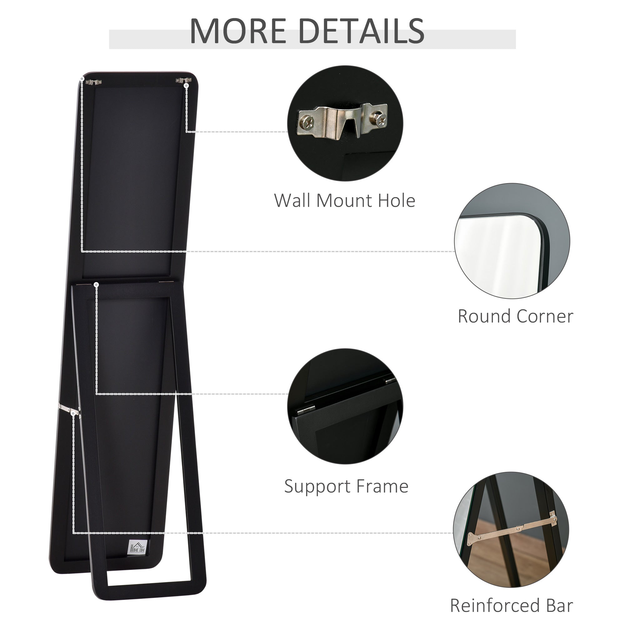 HOMCOM 62"x15" Full Length Mirror, Floor Standing, Wall-Mounted or Leaning Against Wall Tall Mirror with Support Frame, Rectangular Full Body Mirror for Bedroom, Living Room, Black