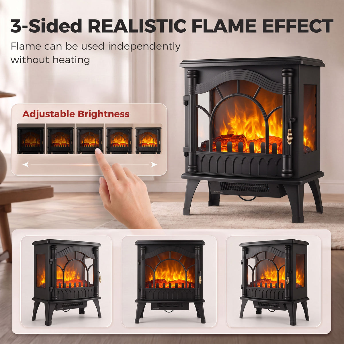 Electric Fireplace 1000W/2000W, Freestanding Decorative Heater with Adjustable Temperature, Low Energy Consumption, Overheat Protection, 3D Flame Effect for Living Room, 161-323 sq ft, Black