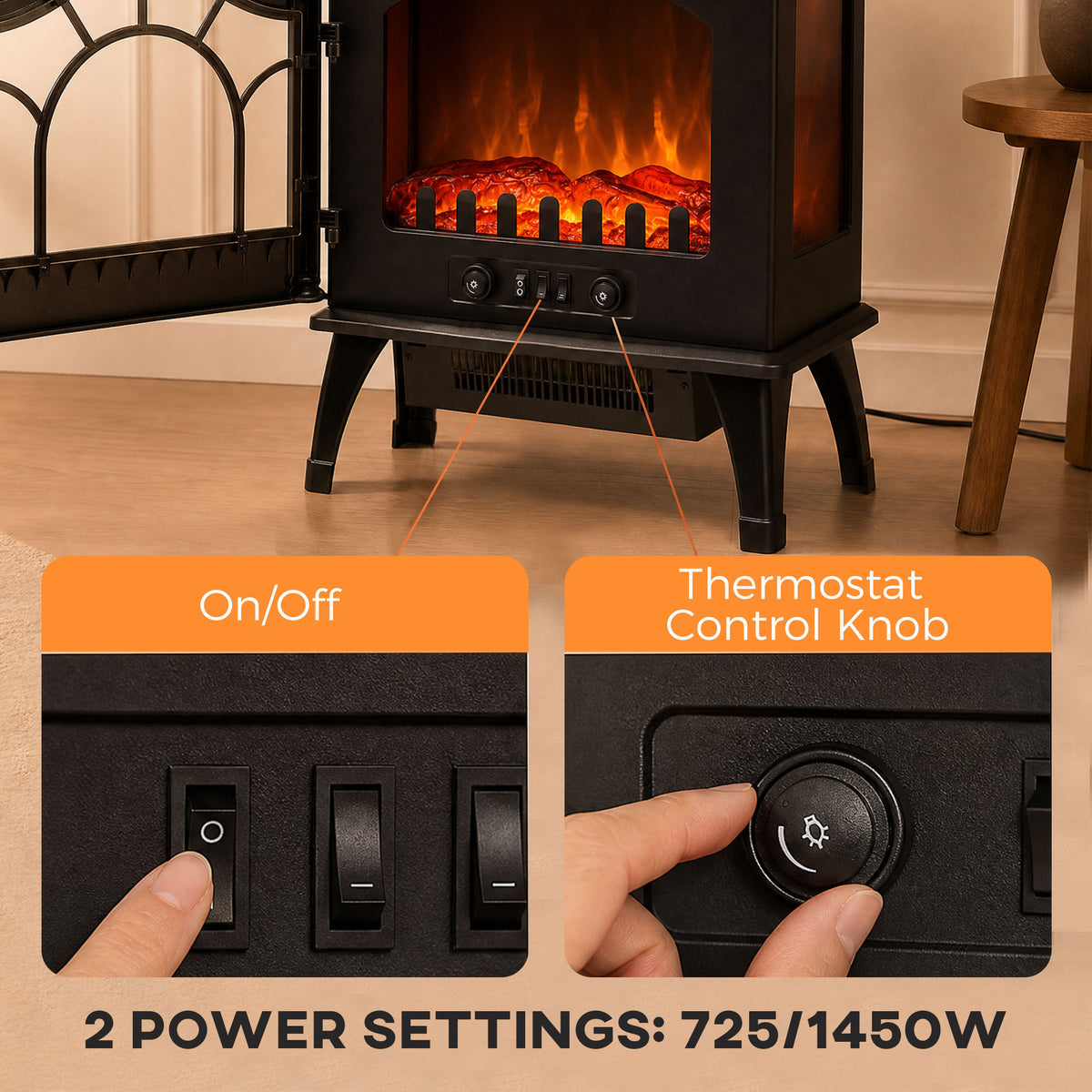 Electric Fireplace 1000W/2000W, Freestanding Decorative Heater with Adjustable Temperature, Low Energy Consumption, Overheat Protection, 3D Flame Effect for Living Room, 161-323 sq ft, Black