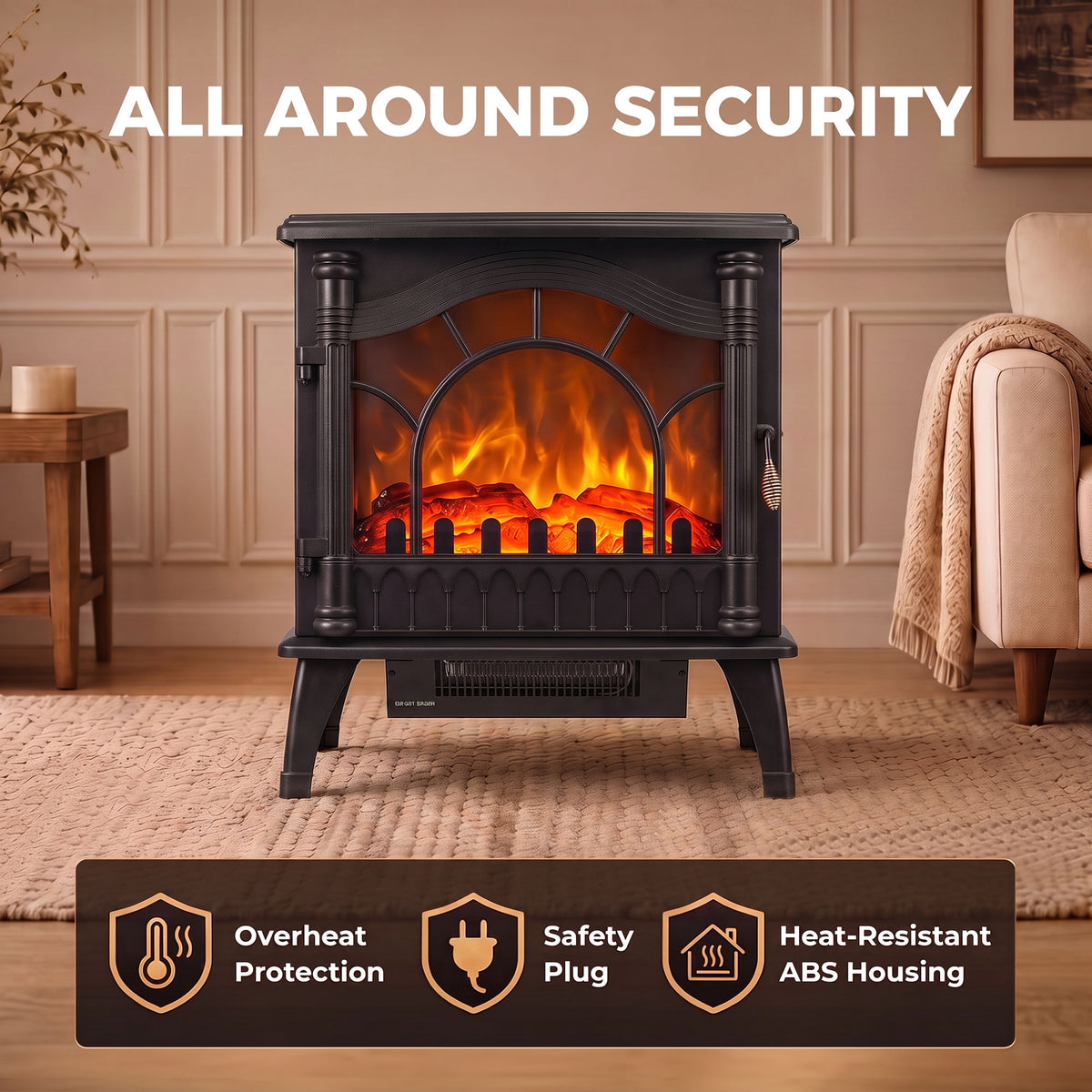Electric Fireplace 1000W/2000W, Freestanding Decorative Heater with Adjustable Temperature, Low Energy Consumption, Overheat Protection, 3D Flame Effect for Living Room, 161-323 sq ft, Black