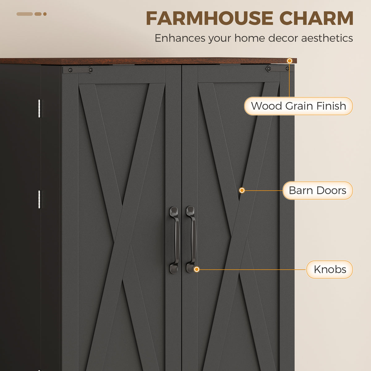 65" Tall Kitchen Pantry Cabinet, Adjustable Shelves, Farmhouse Storage Cabinet with 8 Shelves and 16 Door Racks, Freestanding Food Pantry, Barn Doors, Brown Black