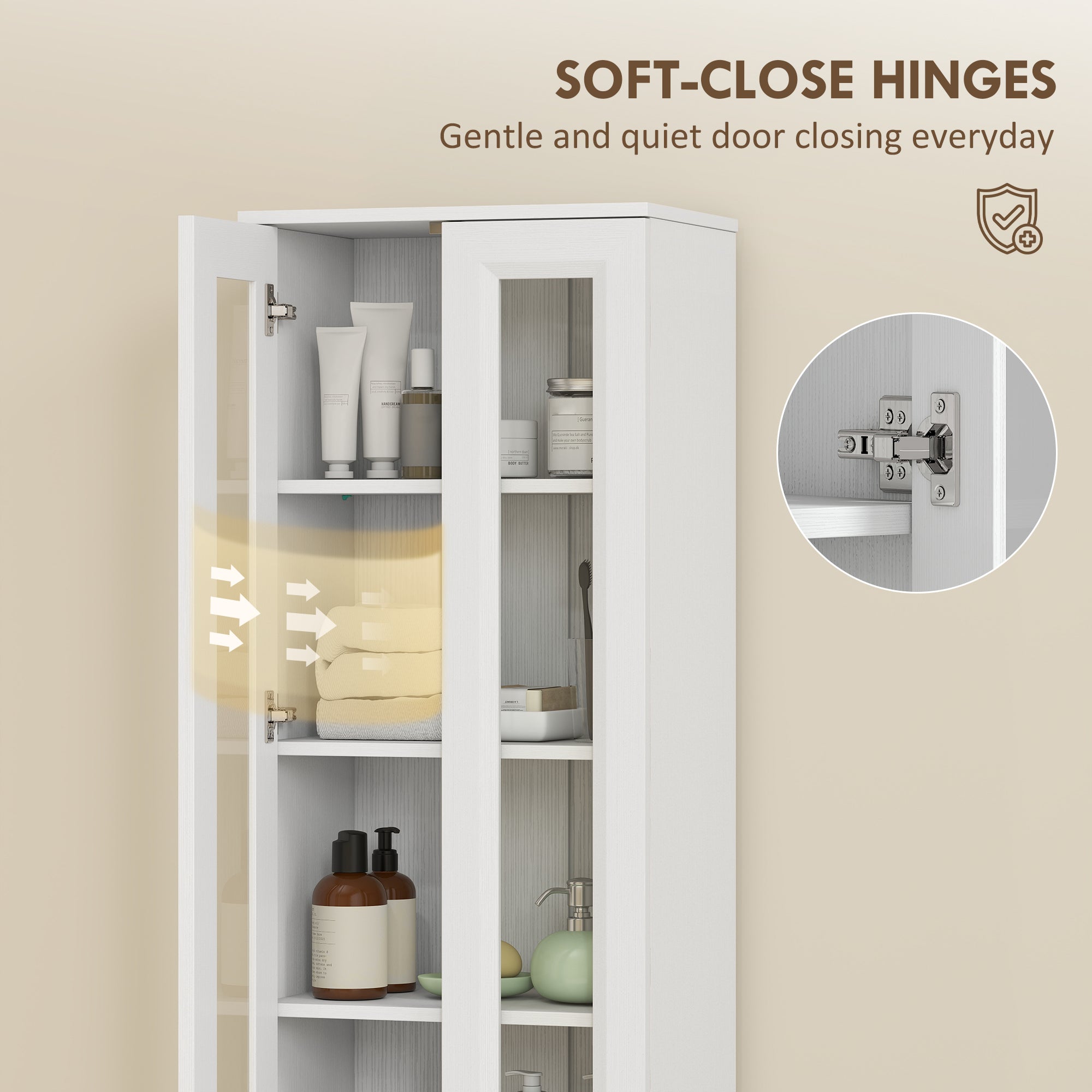 Tall Bathroom Storage Cabinet, 6-Tier Slim Freestanding Bathroom Cabinet with Adjustable Shelf, 4 Soft-Close Doors, Storage Unit for Small Space, 38 x 26 x 160 cm, White