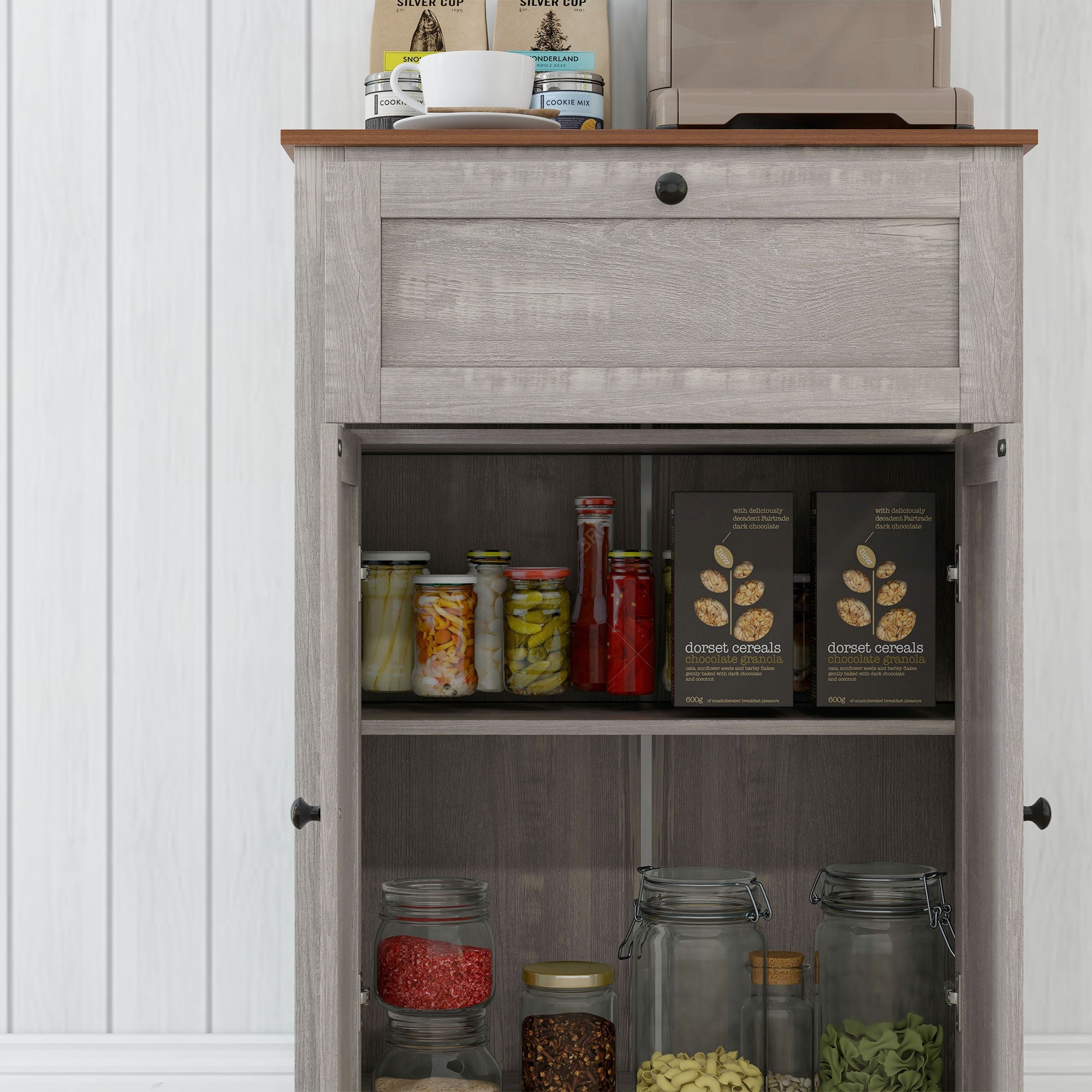 Farmhouse Sideboard Storage Cabinet with Doors and Drawer Light Gray