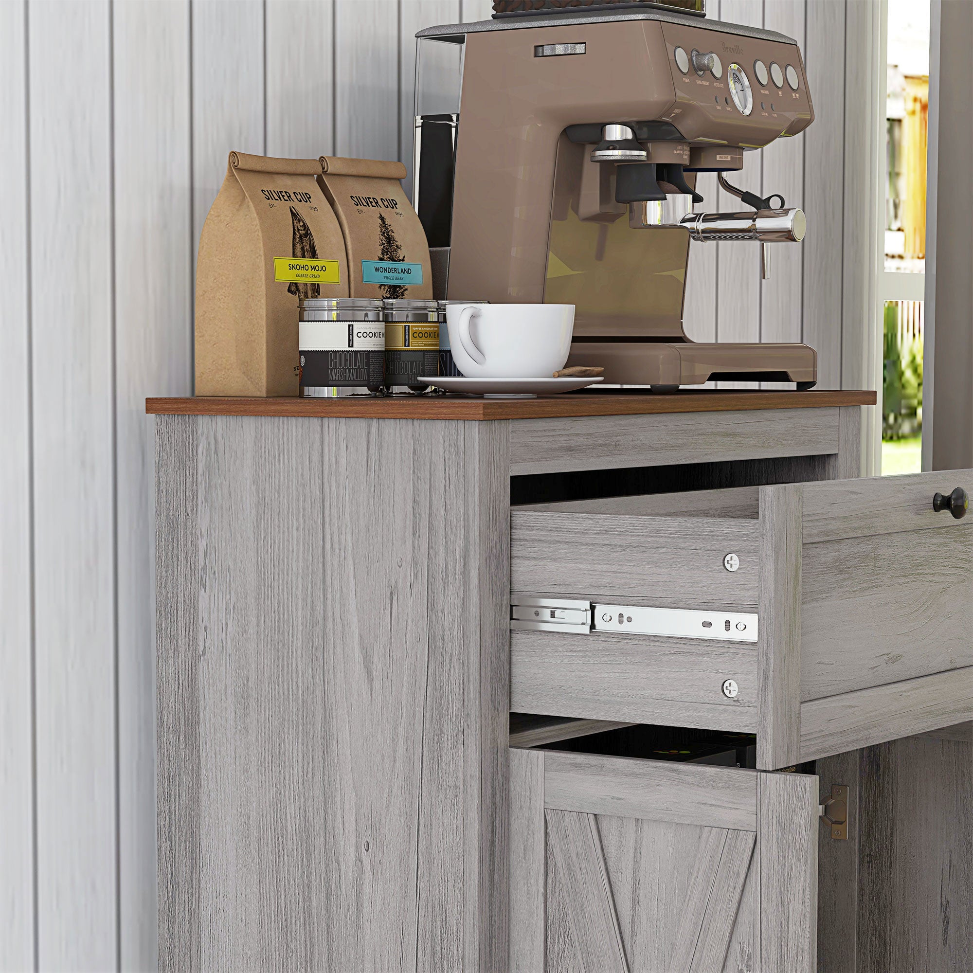 Farmhouse Sideboard Storage Cabinet with Doors and Drawer Light Gray