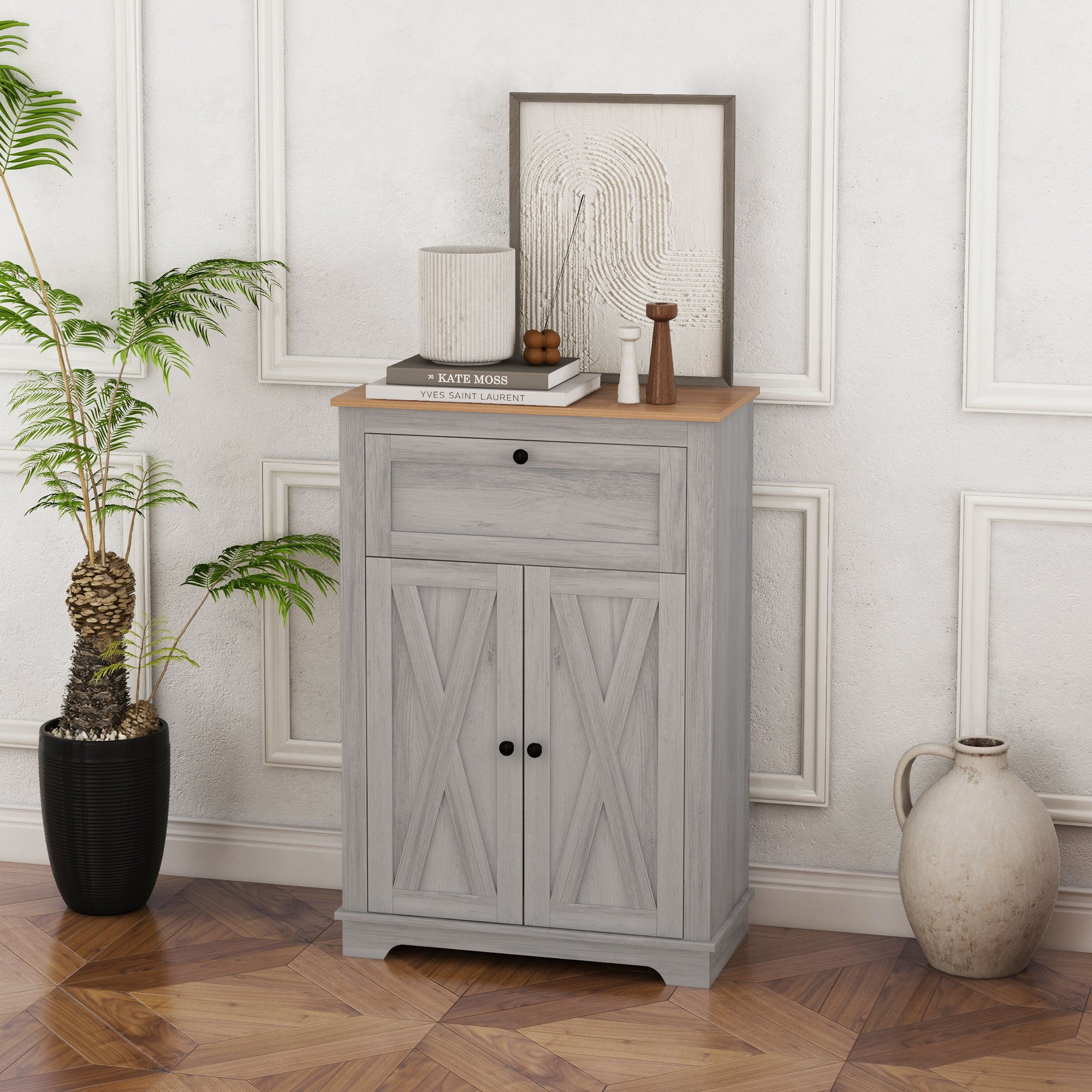 Farmhouse Sideboard Storage Cabinet with Doors and Drawer Light Gray