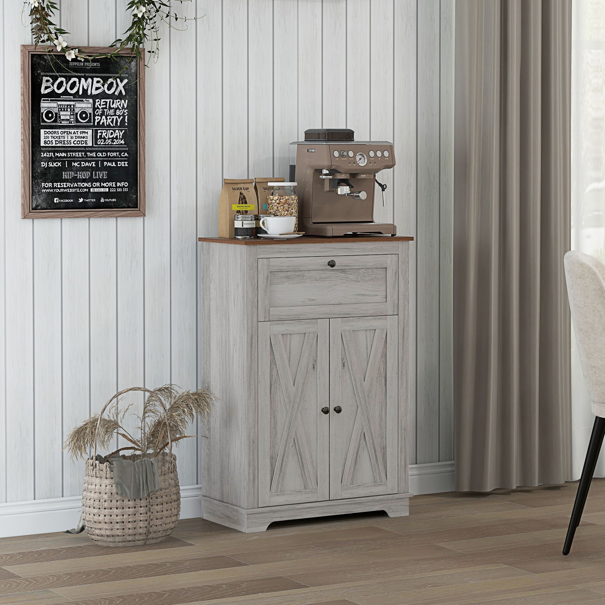 Farmhouse Sideboard Storage Cabinet with Doors and Drawer Light Gray