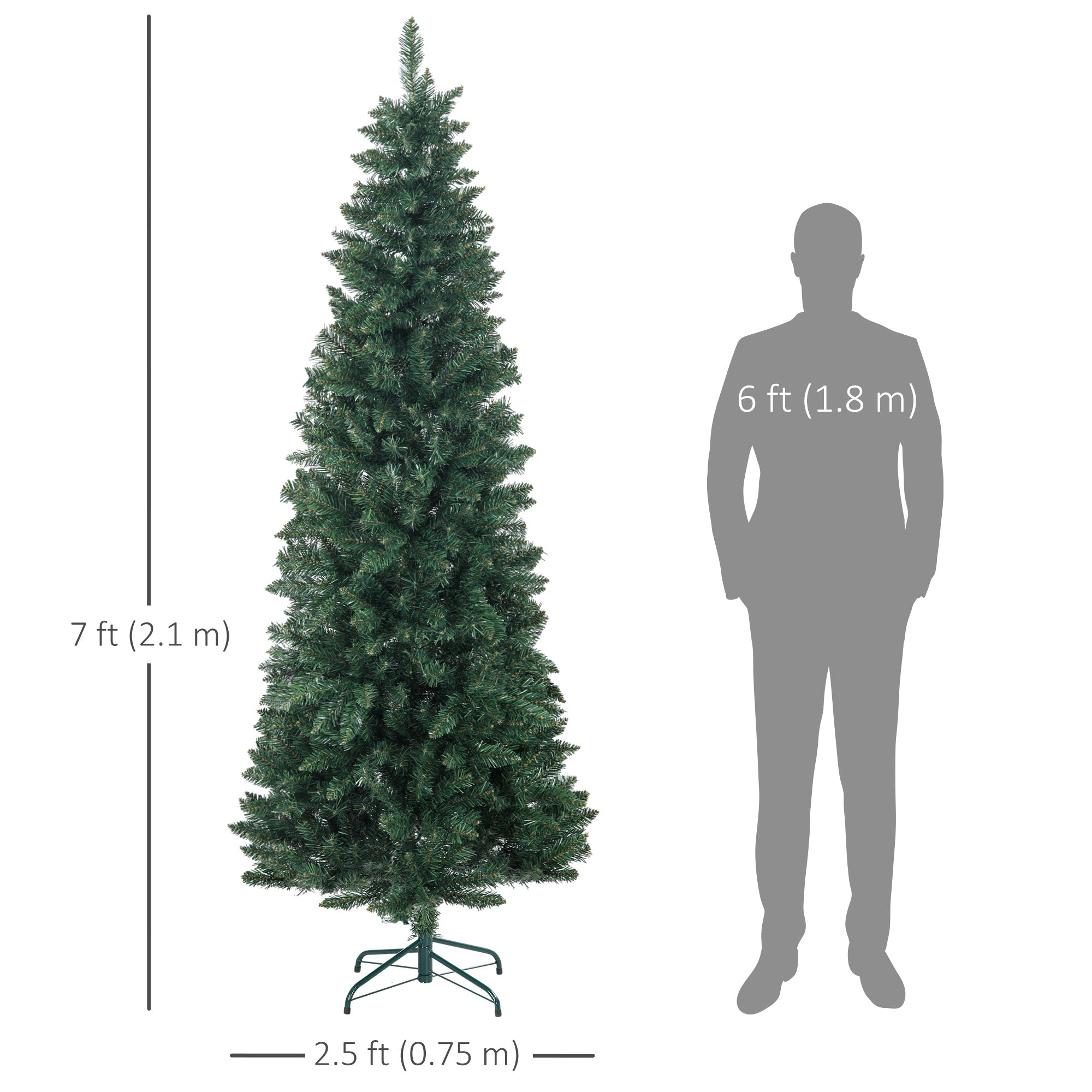 HOMCOM 7ft Tall Pencil Christmas Tree, Artificial Xmas Tree with 687 Branch Tips and Steel Base, Holiday Décor for Home Office, Green