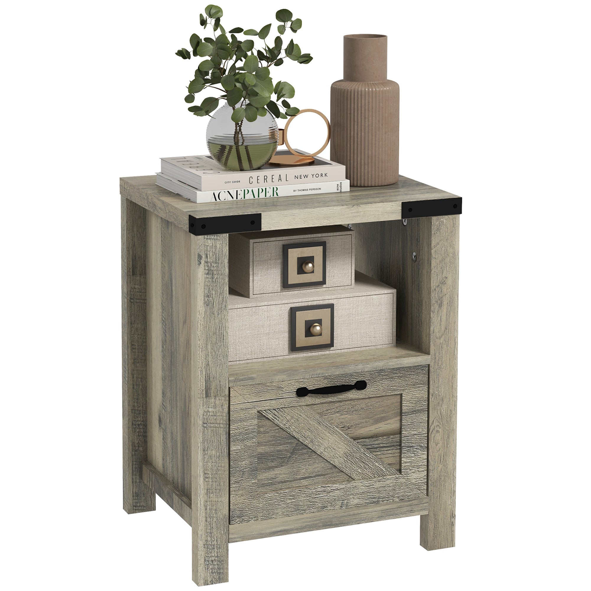 Farmhouse End Table with Storage for Living Room Gray Oak